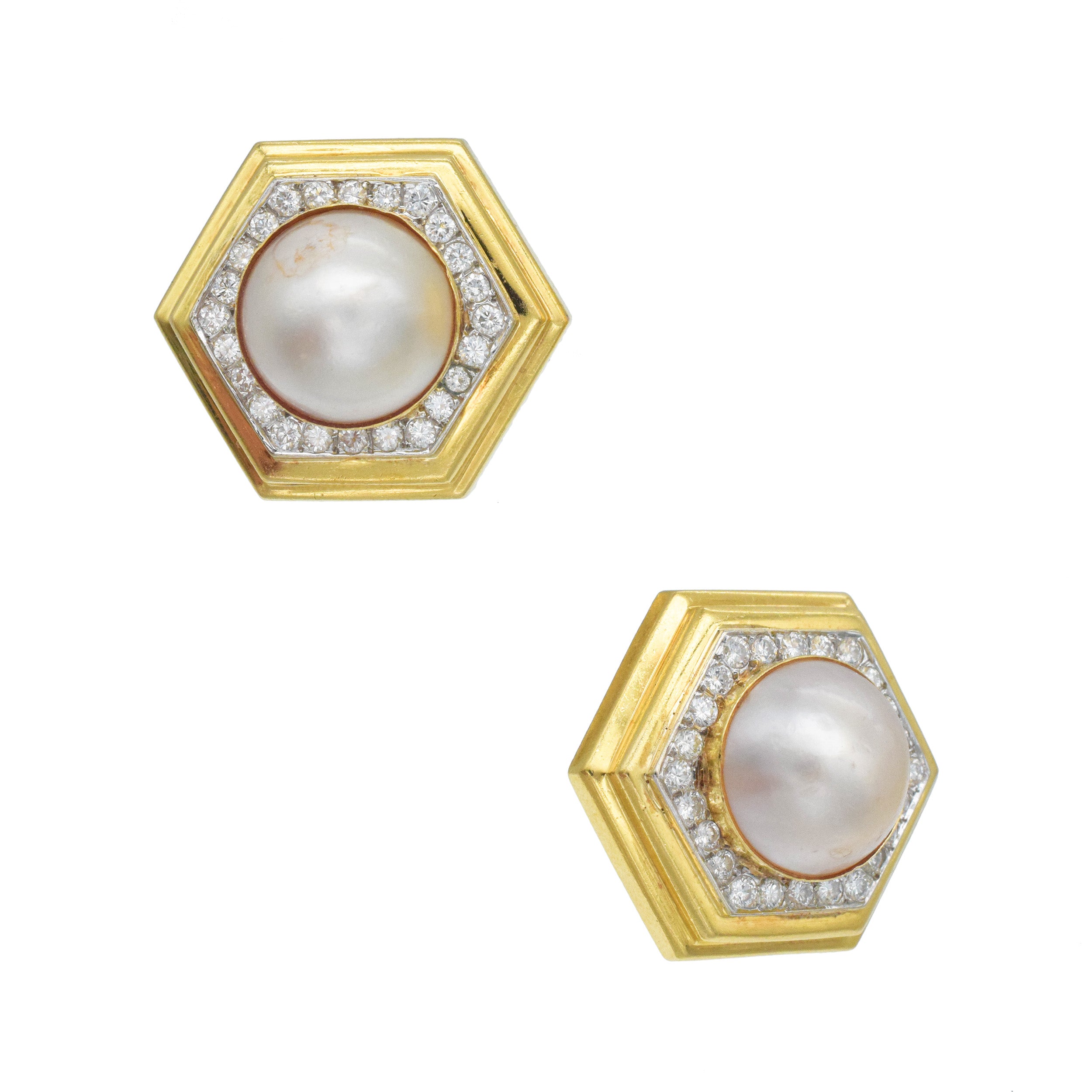 Emis Mabe Pearl And Diamond Hexagon Ear Clip Earrings In 18k Yellow Gold