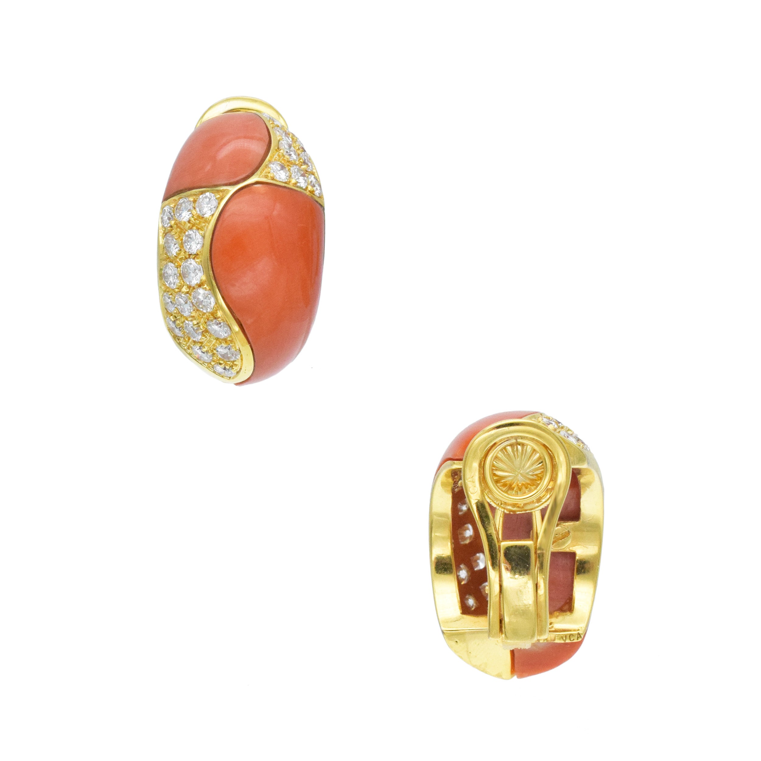 Van Cleef & Arpels Coral And Diamond Boutonnière Clip On Earrings In 18k Yellow Gold