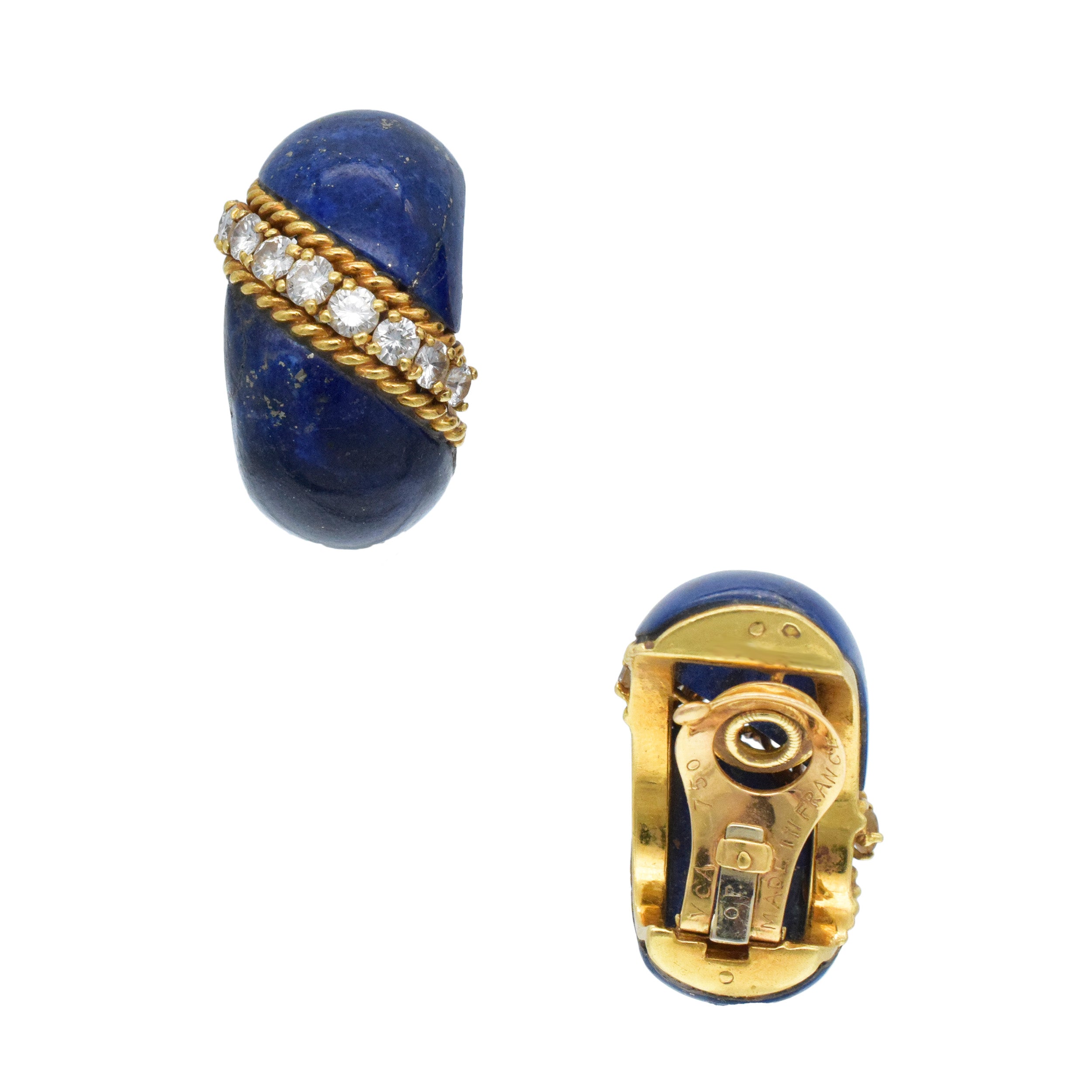 Van Cleef & Arpels Lapis And Diamond Bombe Clip On Earrings In 18k Yellow Gold