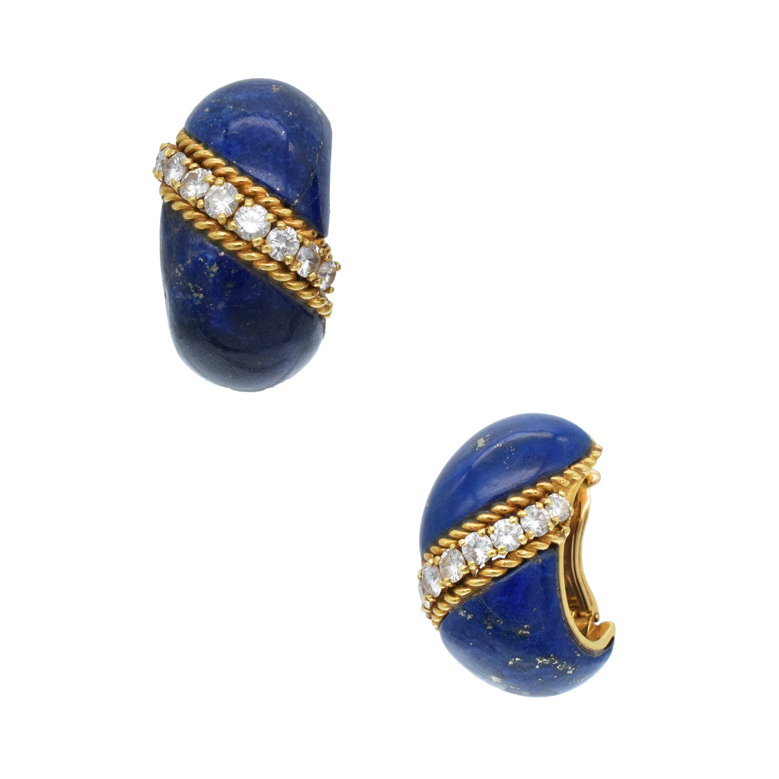 Van Cleef & Arpels Lapis And Diamond Bombe Clip On Earrings In 18k Yellow Gold