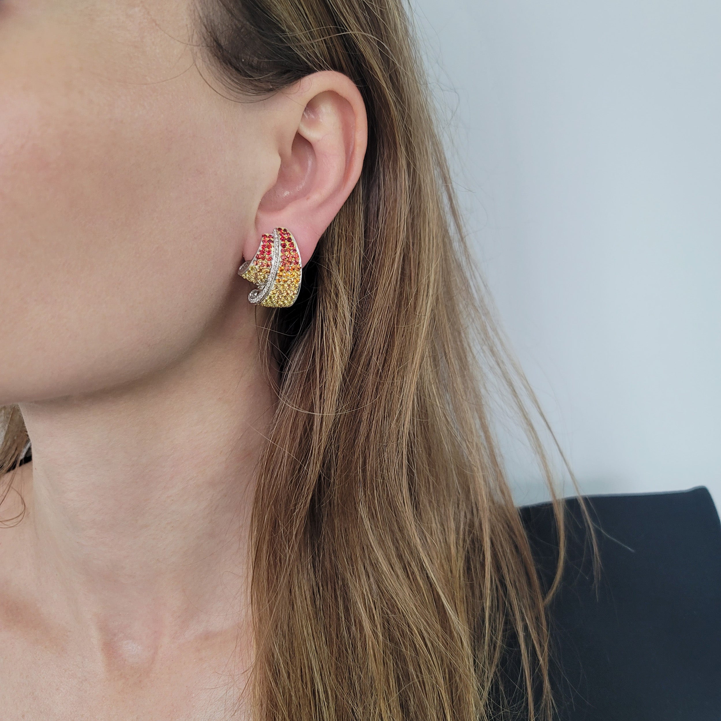Intricate Ombre Sapphire Earrings With Diamond Accents In 18k White And Yellow Gold