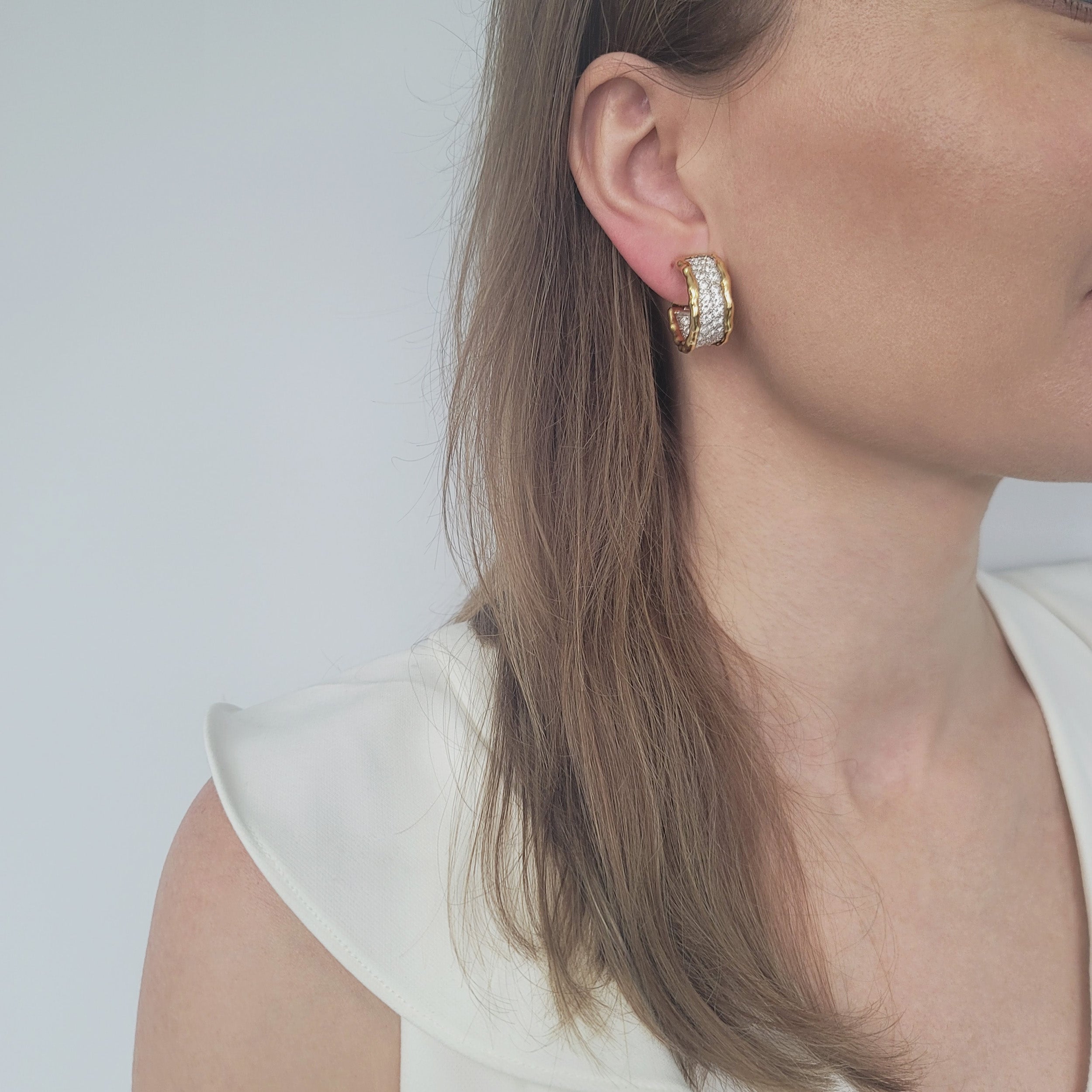 Van Cleef & Arpels Diamond Pave Inside-Out Hoop Eaclip Earrings In 18k  White And Yellow Gold