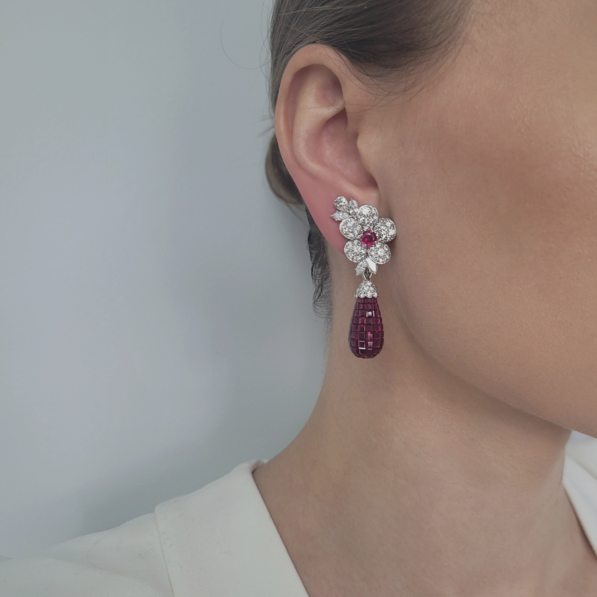 Van Cleef & Arpels Diamond And Invisibly Set Ruby 'Fleurettes' Convertible Day And Night Earrings