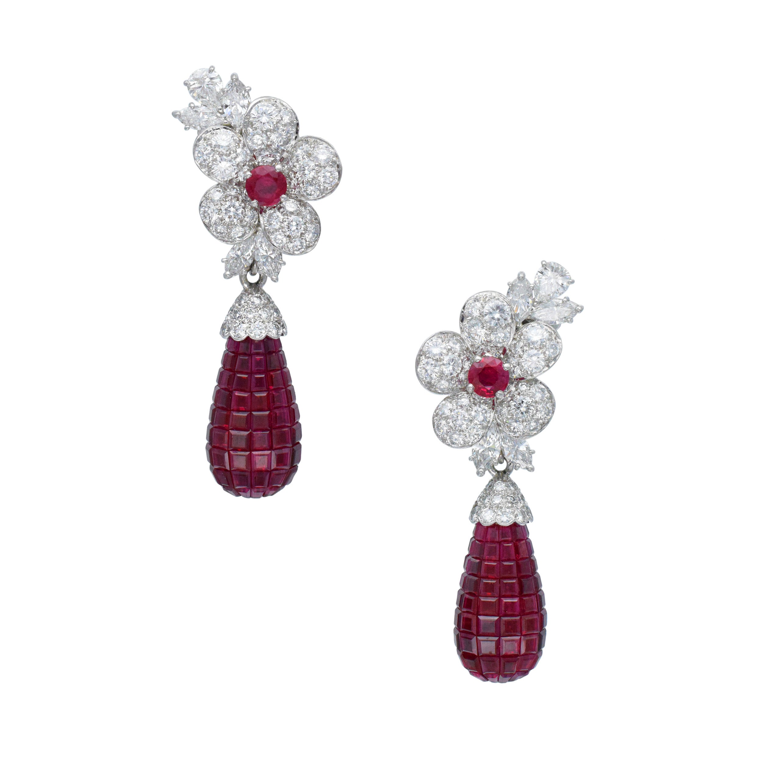 Van Cleef & Arpels Diamond And Invisibly Set Ruby 'Fleurettes' Convertible Day And Night Earrings