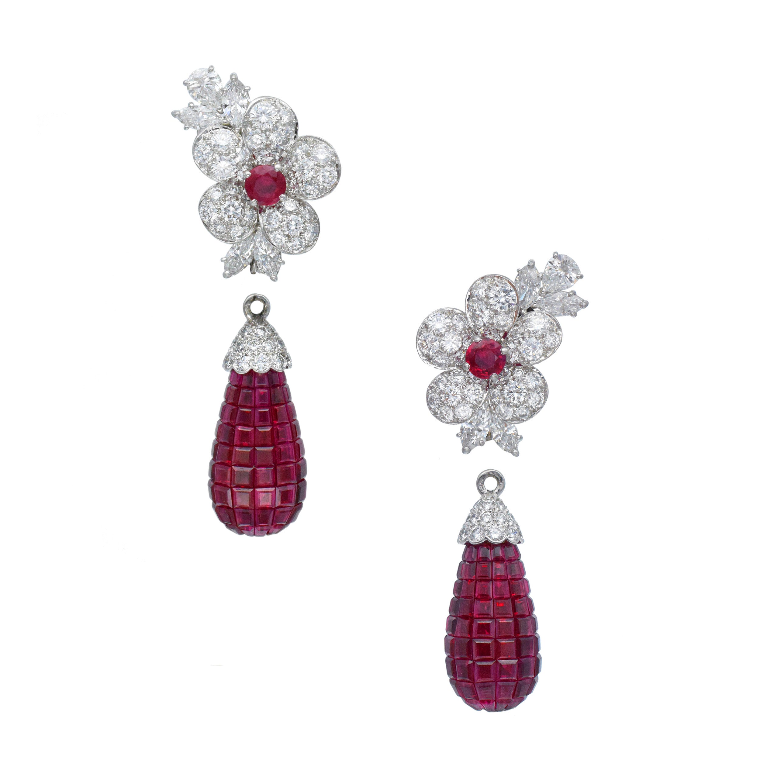 Van Cleef & Arpels Diamond And Invisibly Set Ruby 'Fleurettes' Convertible Day And Night Earrings