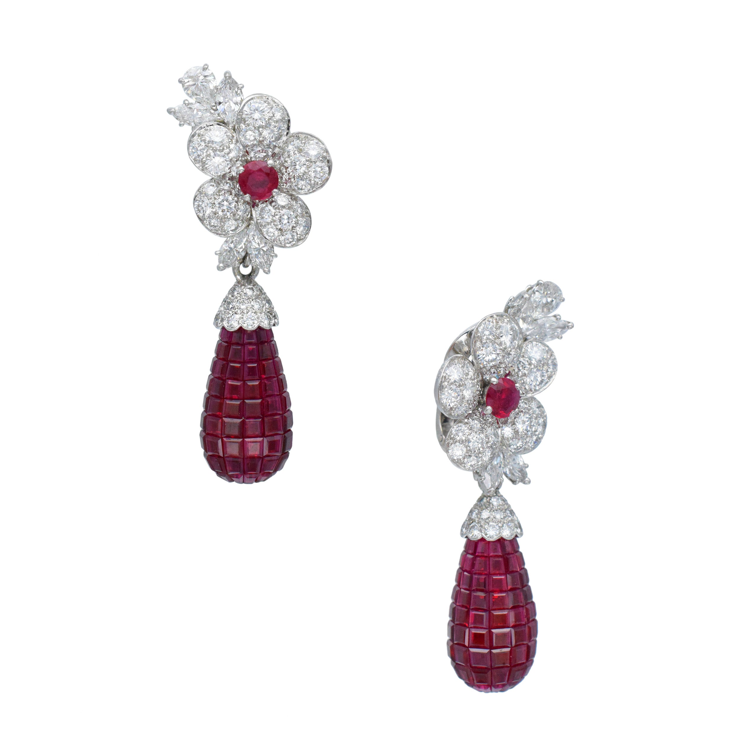 Van Cleef & Arpels Diamond And Invisibly Set Ruby 'Fleurettes' Convertible Day And Night Earrings