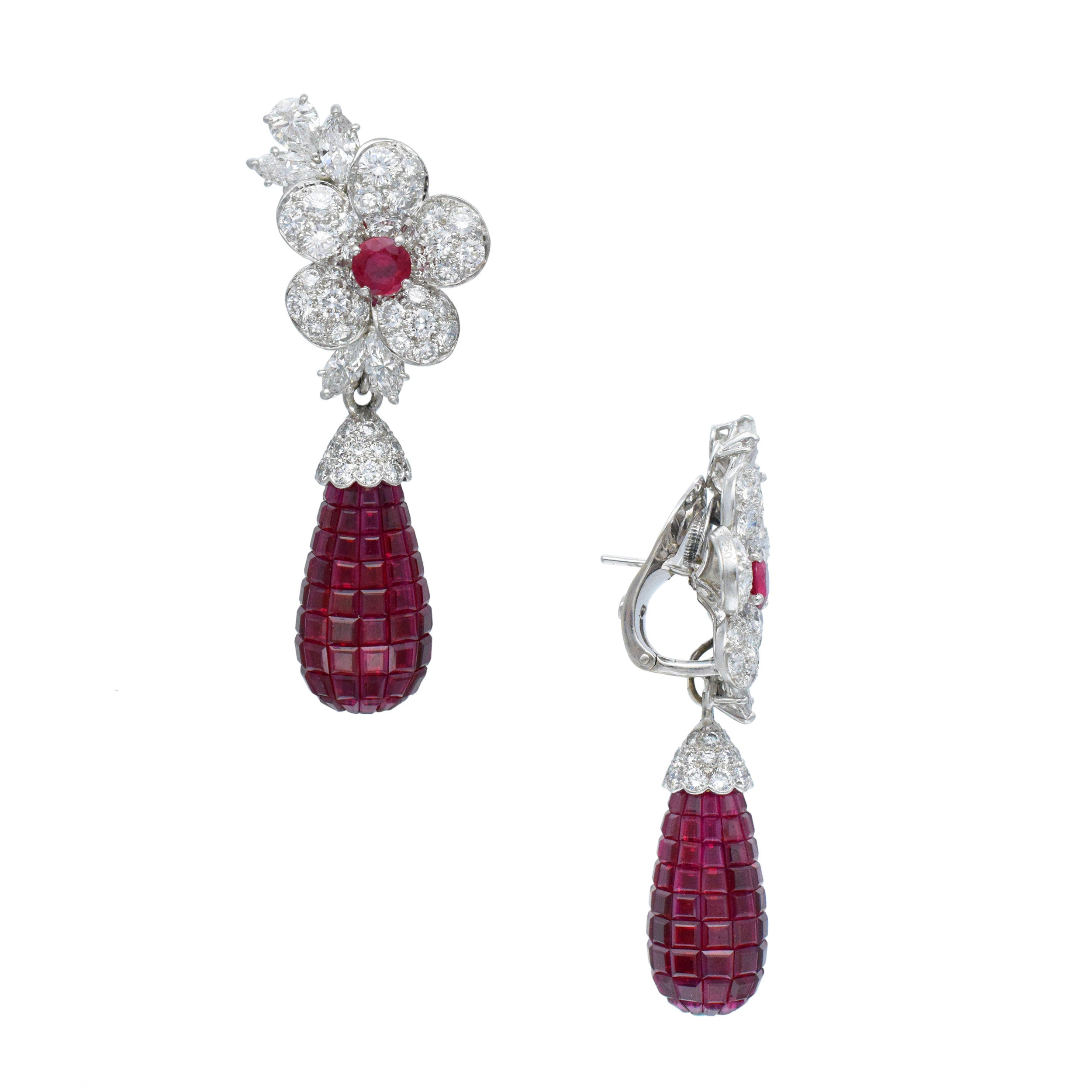 Van Cleef & Arpels Diamond And Invisibly Set Ruby 'Fleurettes' Convertible Day And Night Earrings