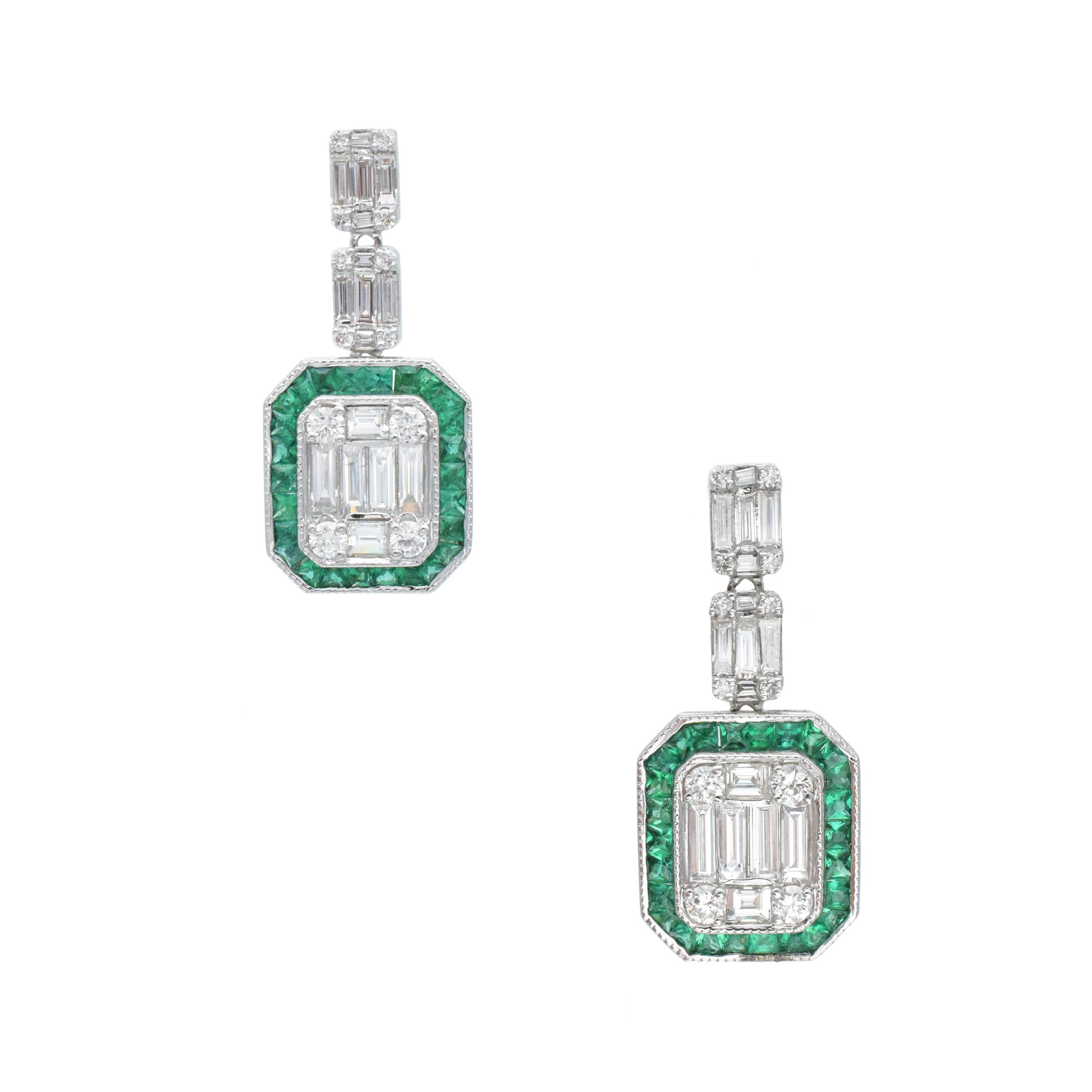 Diamond And Emerald Earrings And Necklace Suite In 18k White Gold