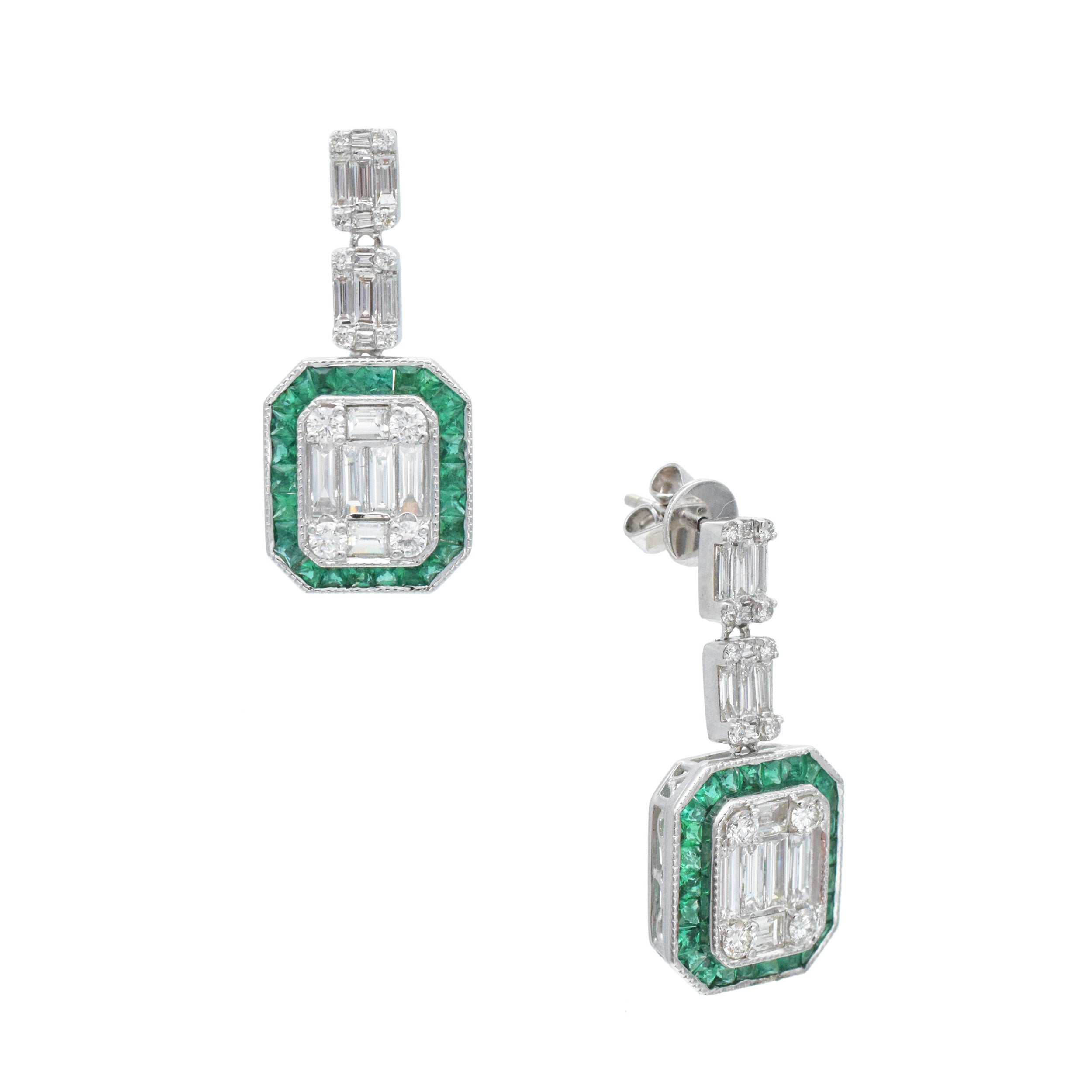 Diamond And Emerald Earrings And Necklace Suite In 18k White Gold