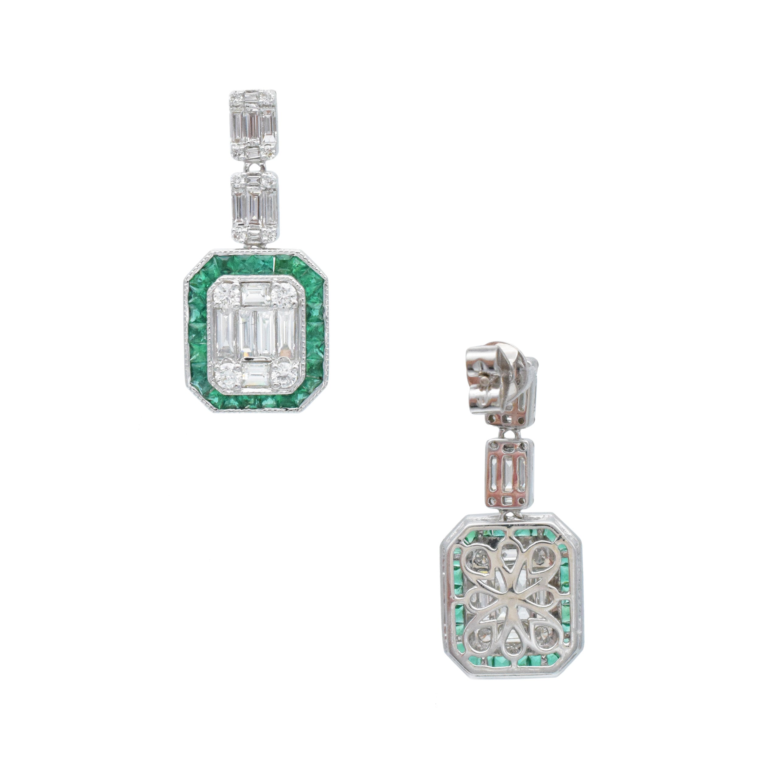 Diamond And Emerald Earrings And Necklace Suite In 18k White Gold