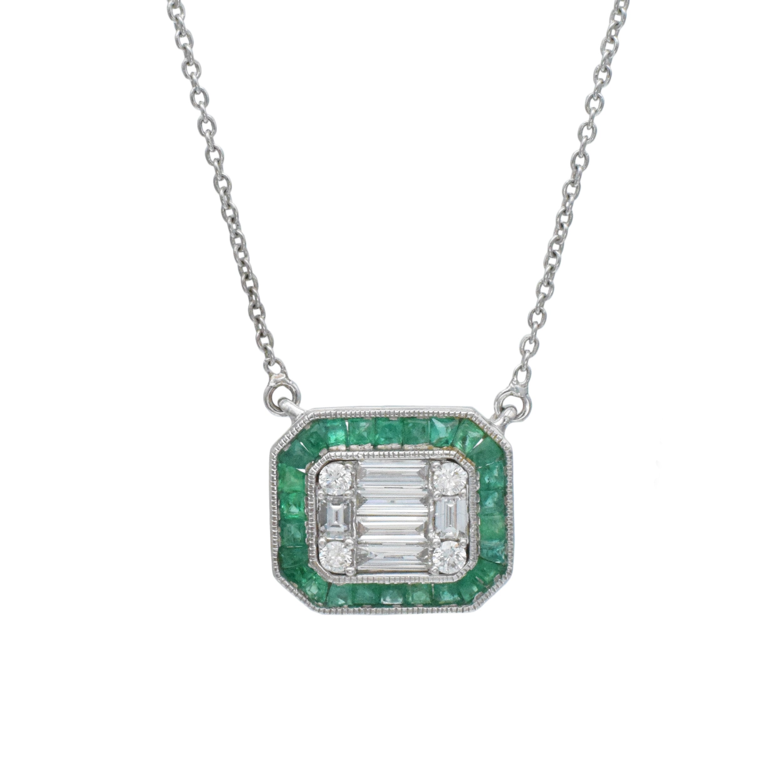 Diamond And Emerald Earrings And Necklace Suite In 18k White Gold
