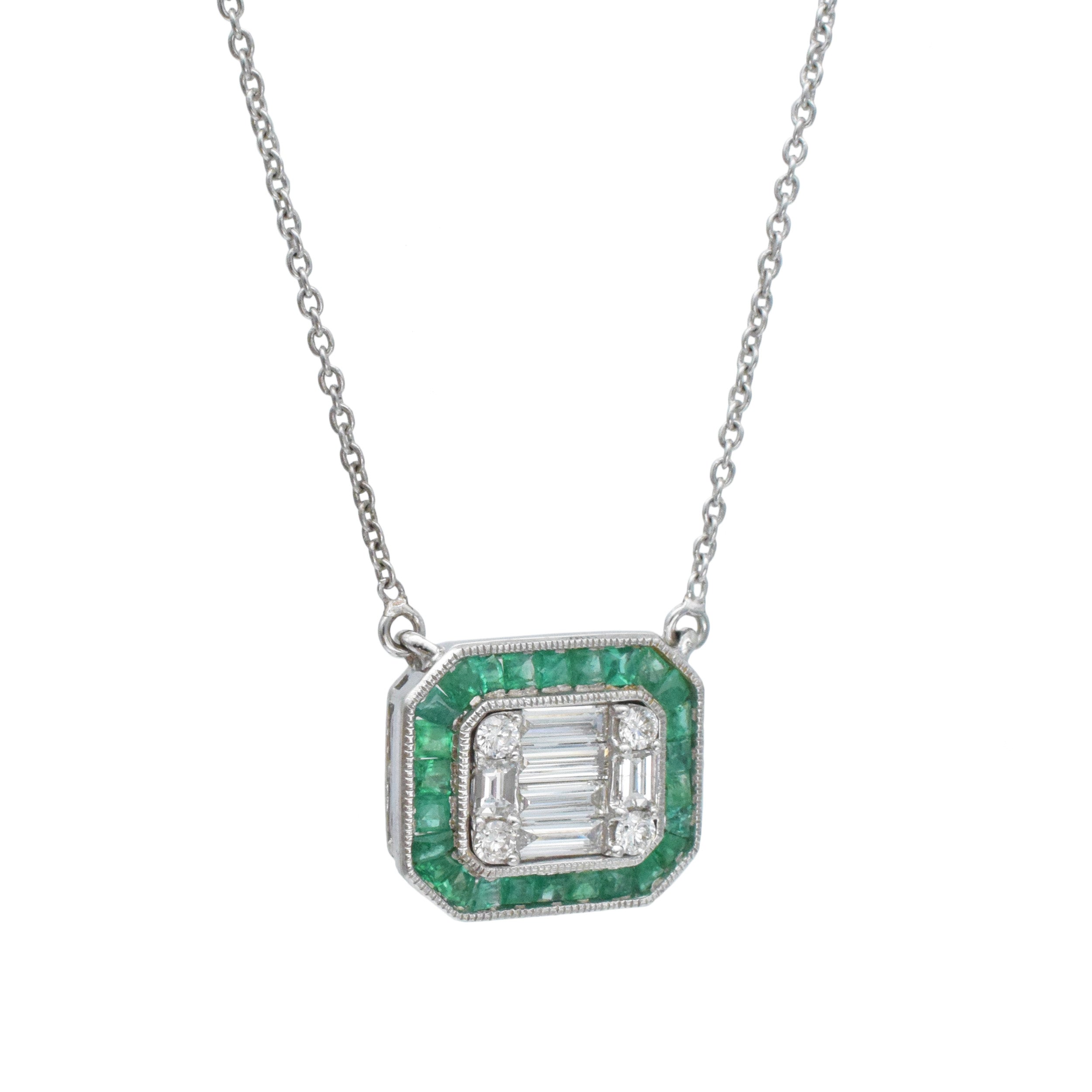 Diamond And Emerald Earrings And Necklace Suite In 18k White Gold