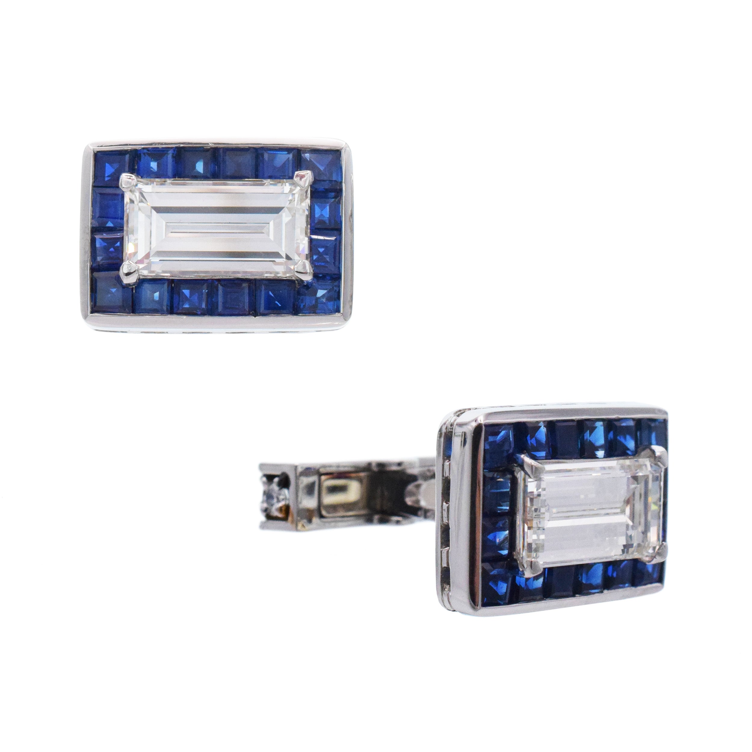Oscar Heyman Rectangular Step Cut Diamond And Sapphire Cufflinks In Platinum