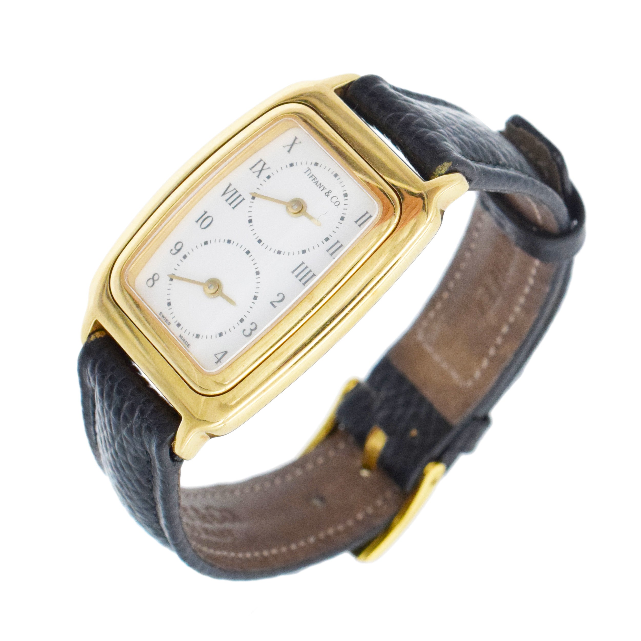 Tiffany& Co. Dual Zone Wrist Watch In 18k Yellow Gold With Lather Strap