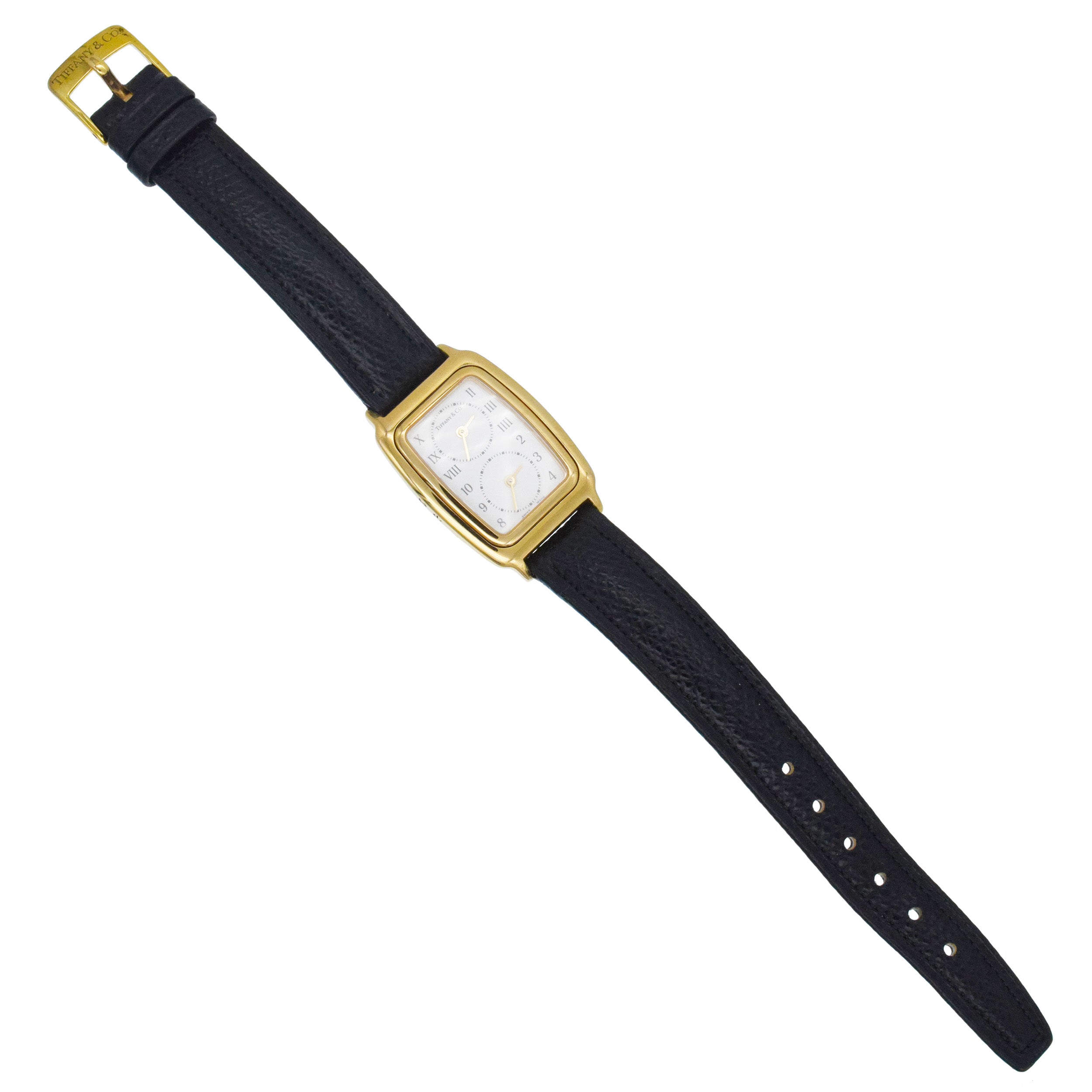 Tiffany& Co. Dual Zone Wrist Watch In 18k Yellow Gold With Lather Strap