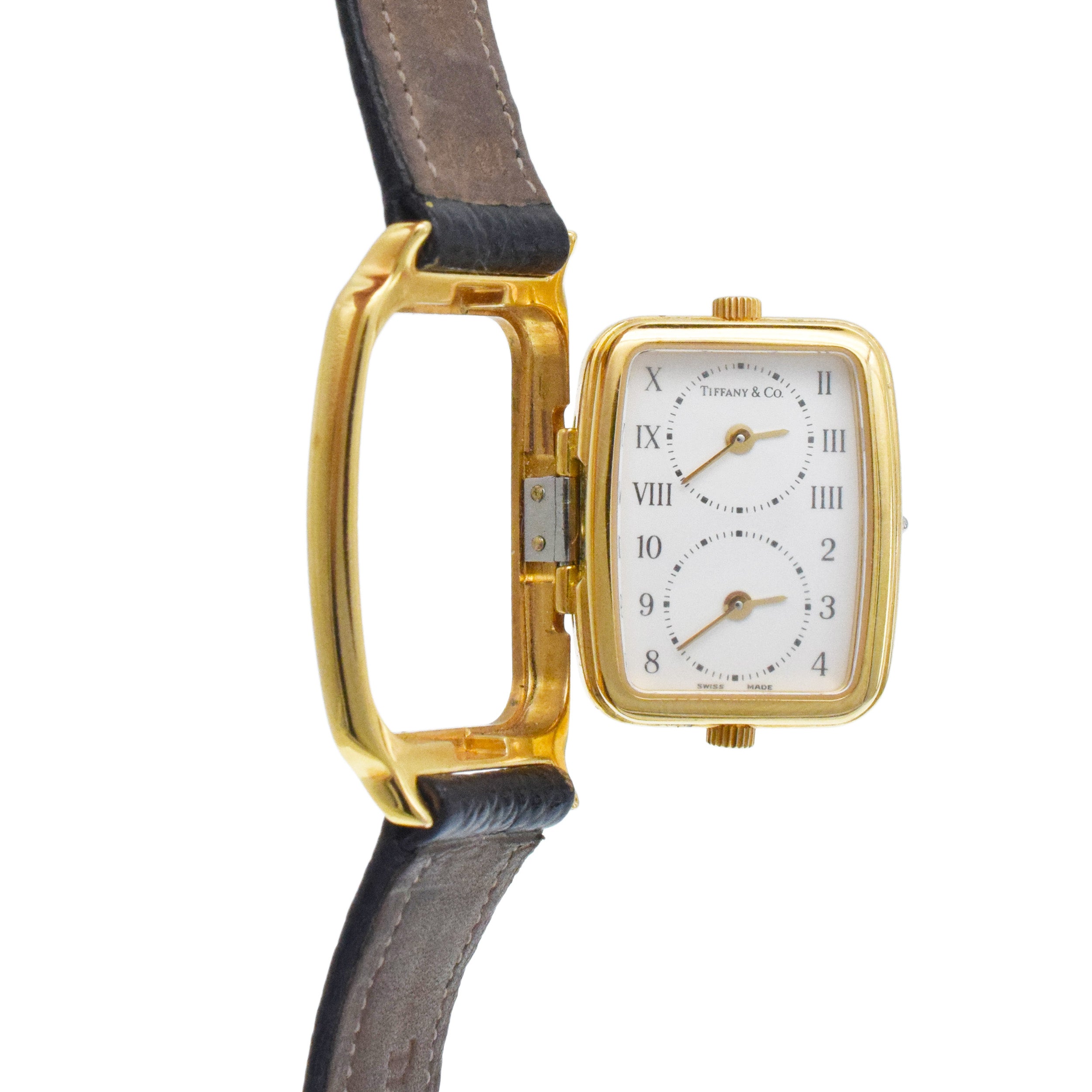 Tiffany& Co. Dual Zone Wrist Watch In 18k Yellow Gold With Lather Strap
