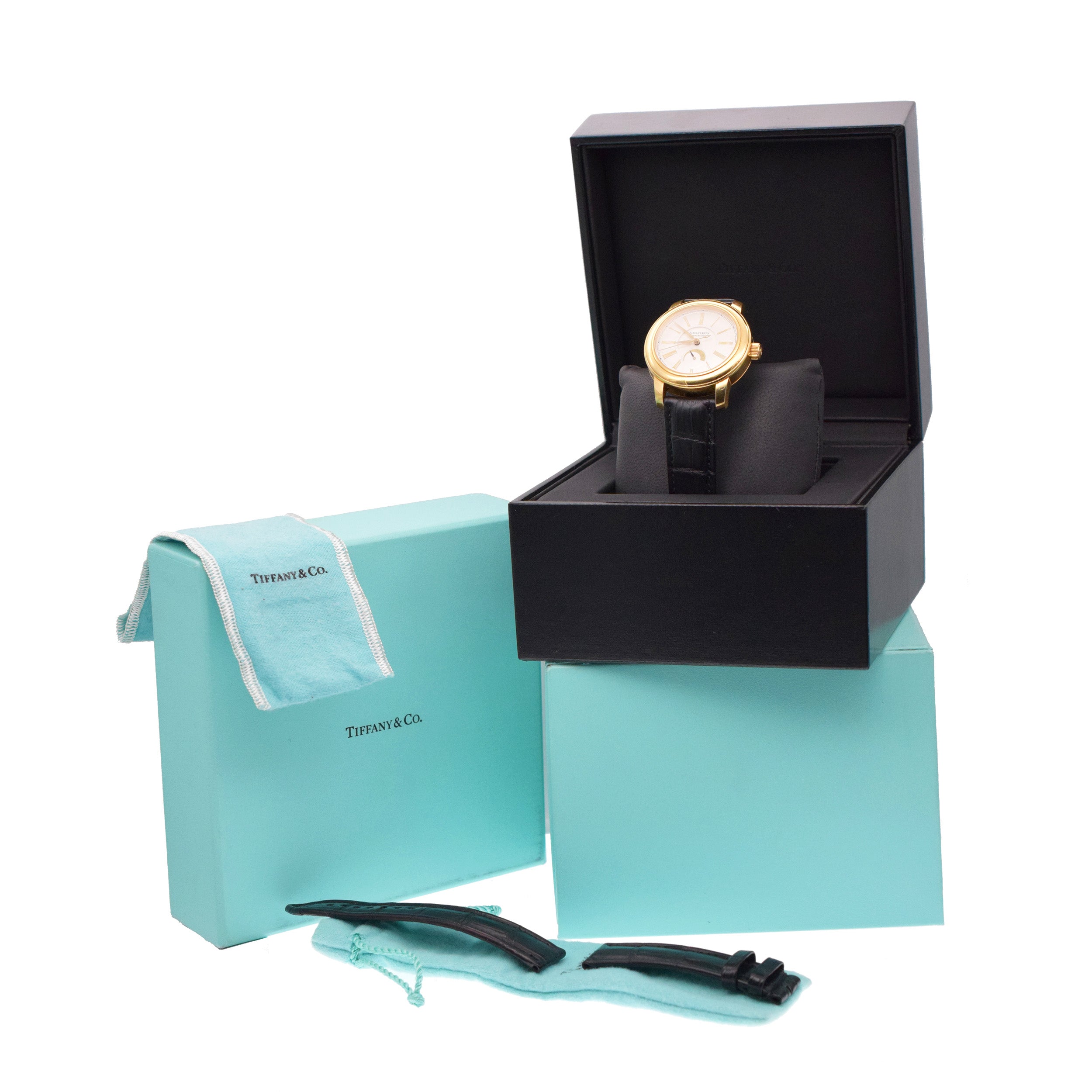 Tiffany & Co. Mark 18k yellow gold wrist watch with black alligator leather strap