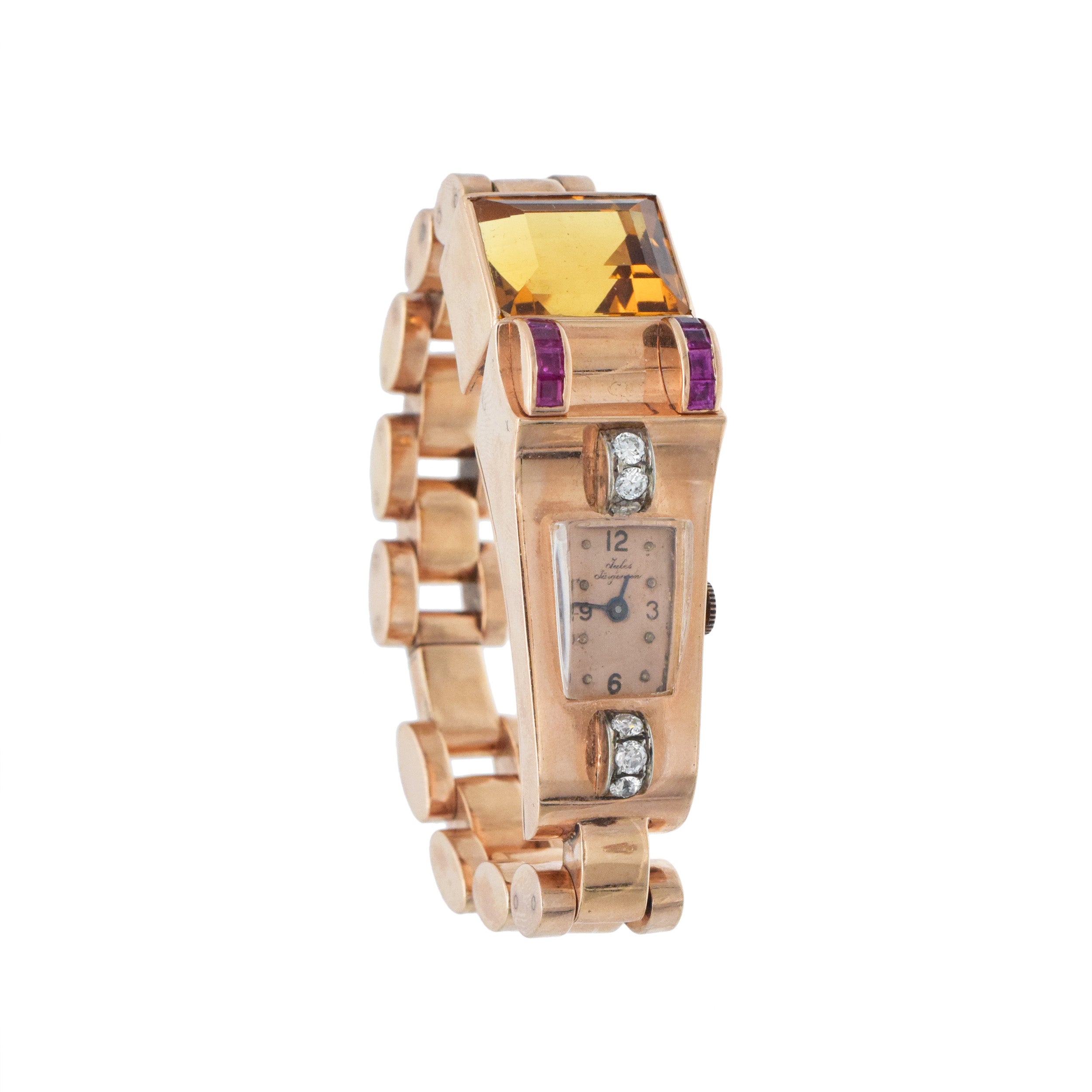 Jules Jurgensen Retro Wrist Watch In 14k Rose Gold With, Accented With Citrine, Rubies And Diamonds