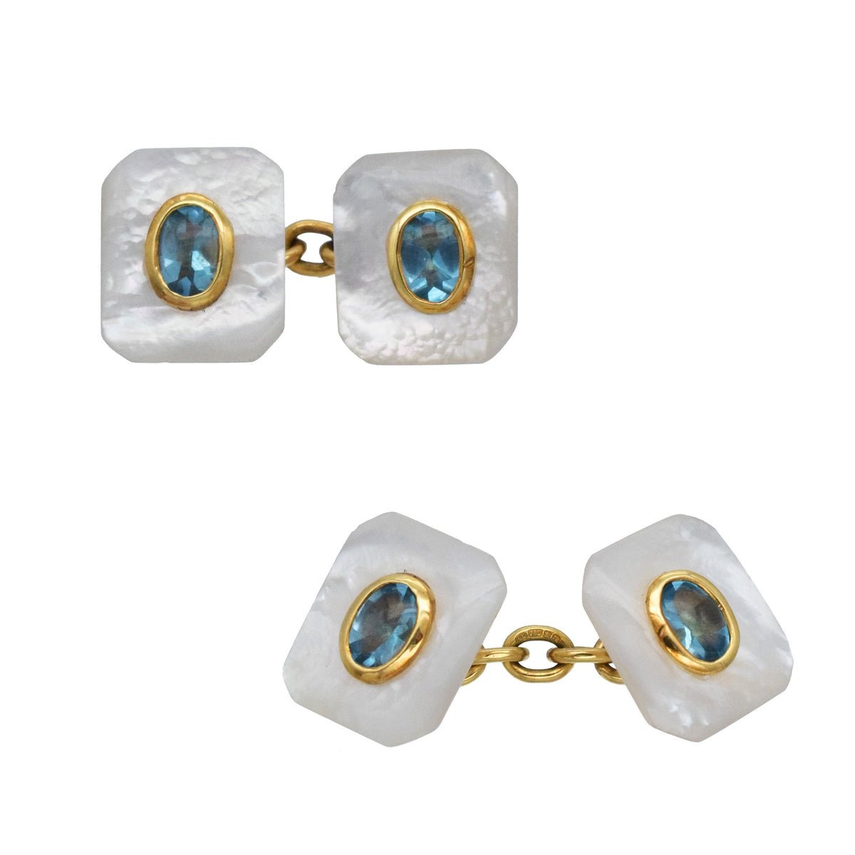 Mother of pearl and topaz rectangular cufflinks in 18k yellow gold
