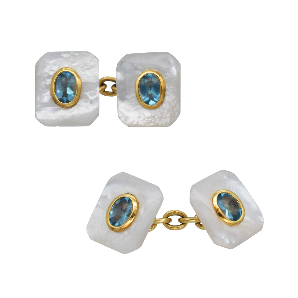 Mother of pearl and topaz rectangular cufflinks in 18k yellow gold