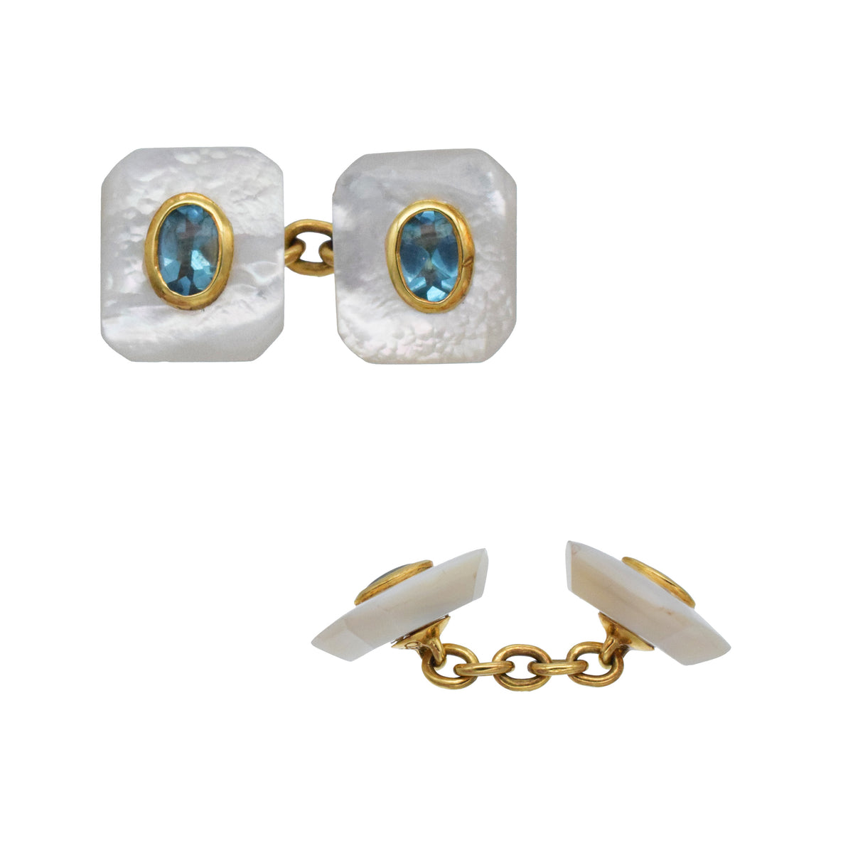 Mother of pearl and topaz rectangular cufflinks in 18k yellow gold