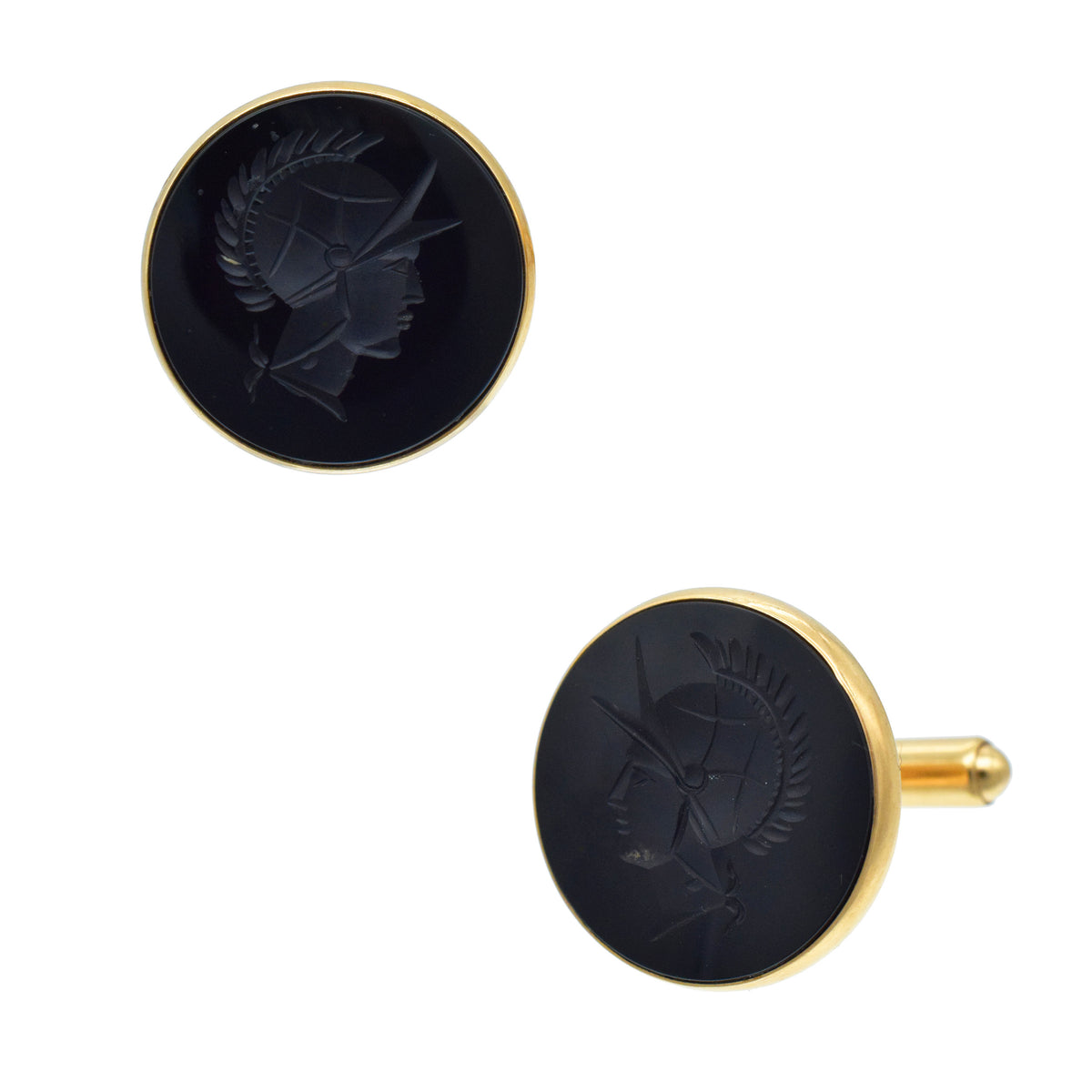 Onyx and 14k yellow gold Roman Soldier cufflinks