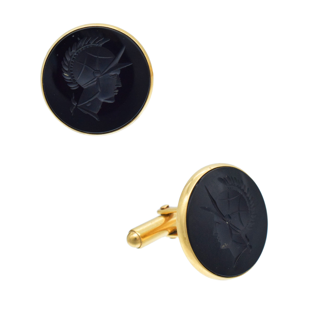 Onyx and 14k yellow gold Roman Soldier cufflinks