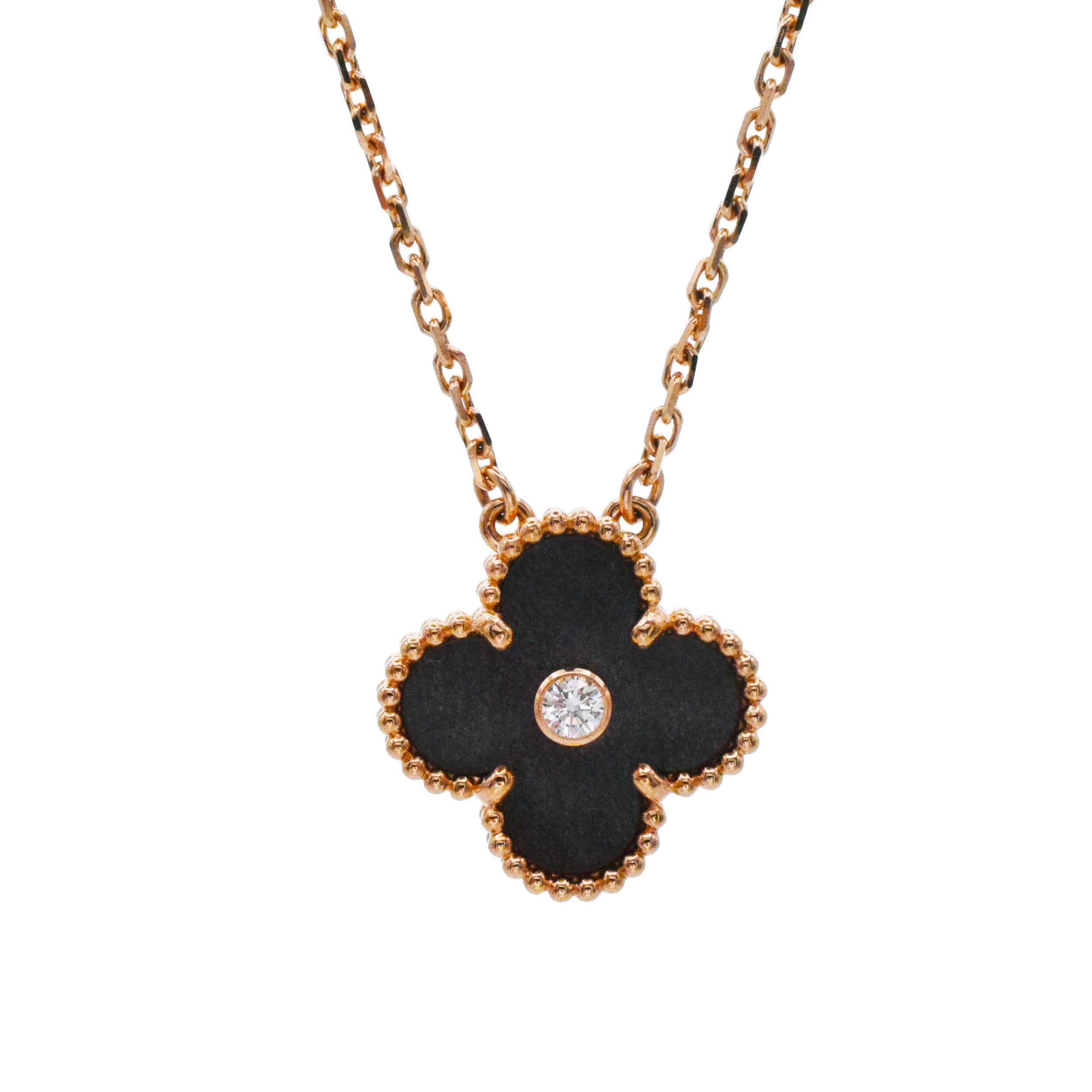 Van Cleef & Arpels 2023 Holiday Obsidian And Diamond Vintage Alhambra Necklace In 18k Rose Gold