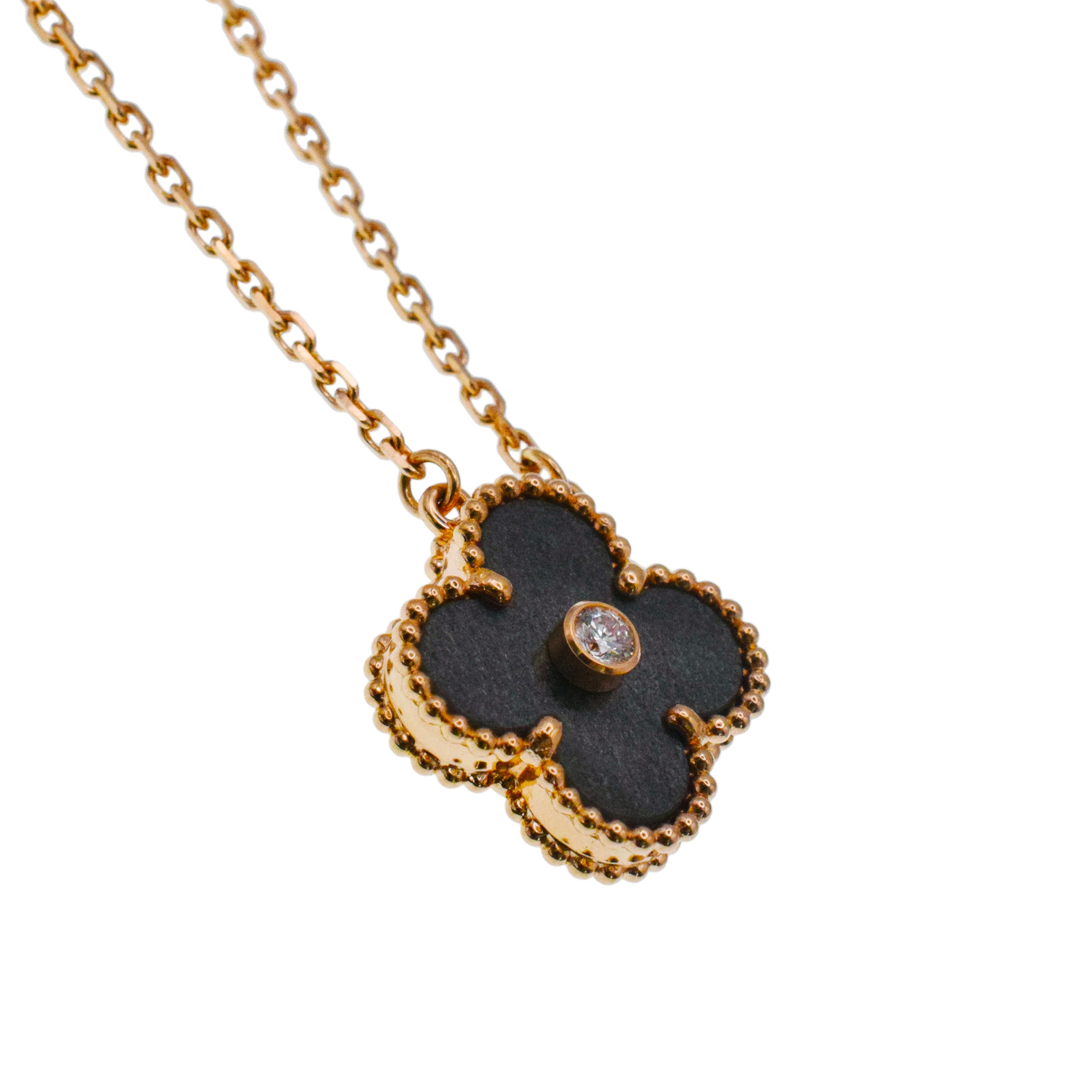 Van Cleef & Arpels 2023 Holiday Obsidian And Diamond Vintage Alhambra Necklace In 18k Rose Gold