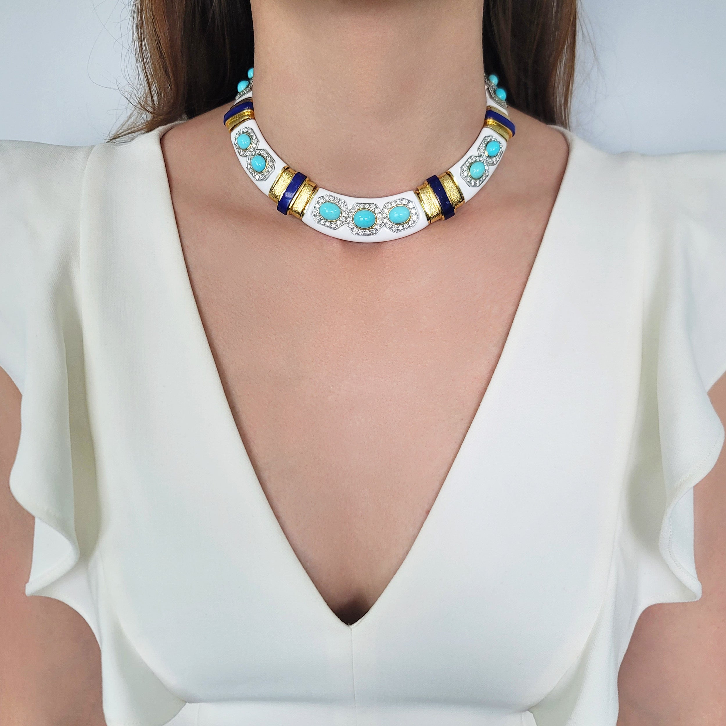 David Webb Turquoise, Lapis Lazuli, Diamond And White Enamel Collar Necklace Gold & Platinum
