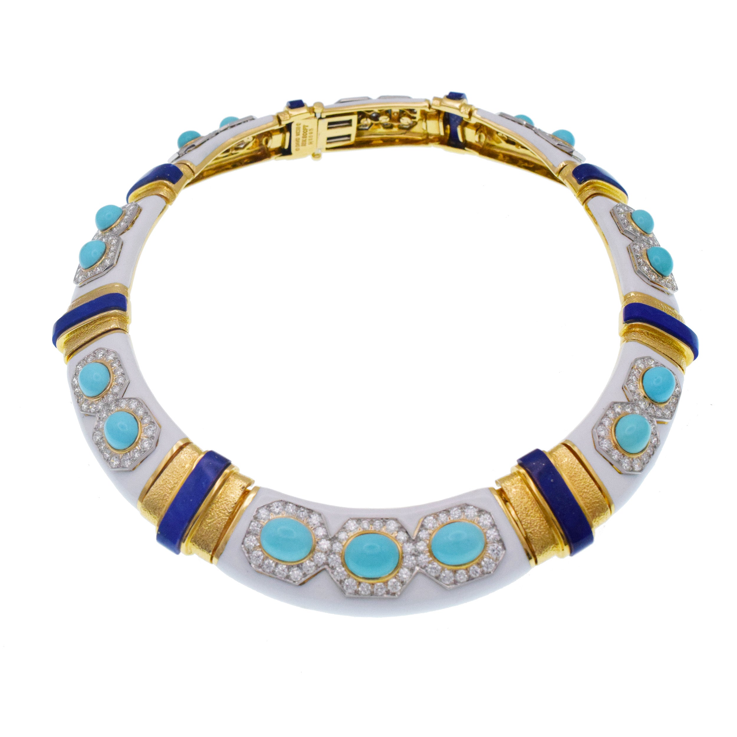 David Webb Turquoise, Lapis Lazuli, Diamond And White Enamel Collar Necklace Gold & Platinum