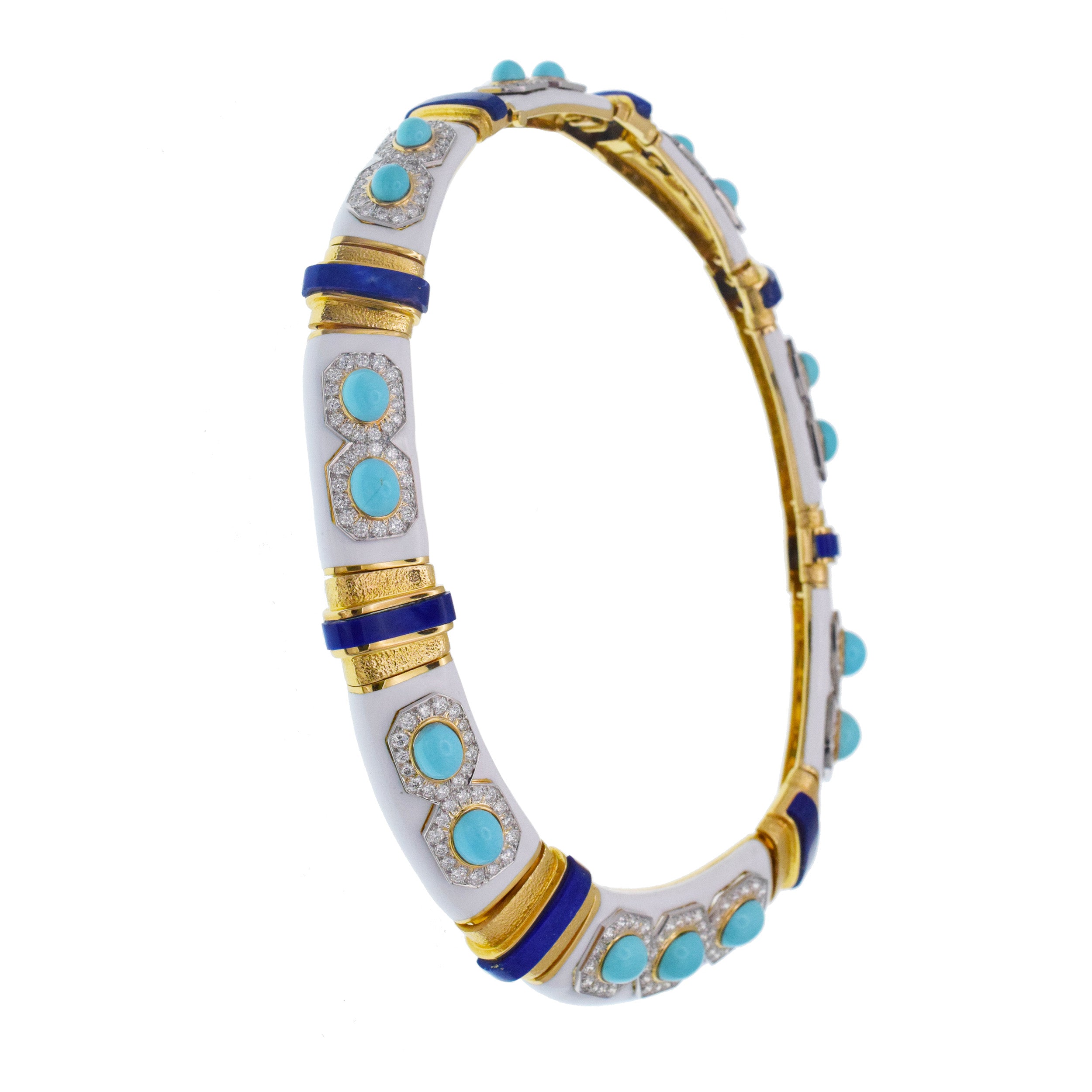 David Webb Turquoise, Lapis Lazuli, Diamond And White Enamel Collar Necklace Gold & Platinum