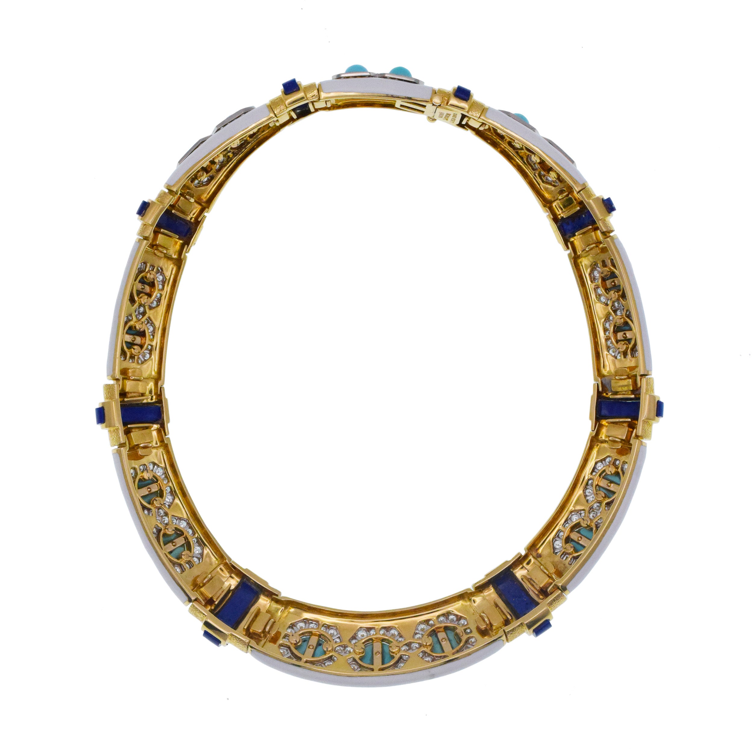 David Webb Turquoise, Lapis Lazuli, Diamond And White Enamel Collar Necklace Gold & Platinum
