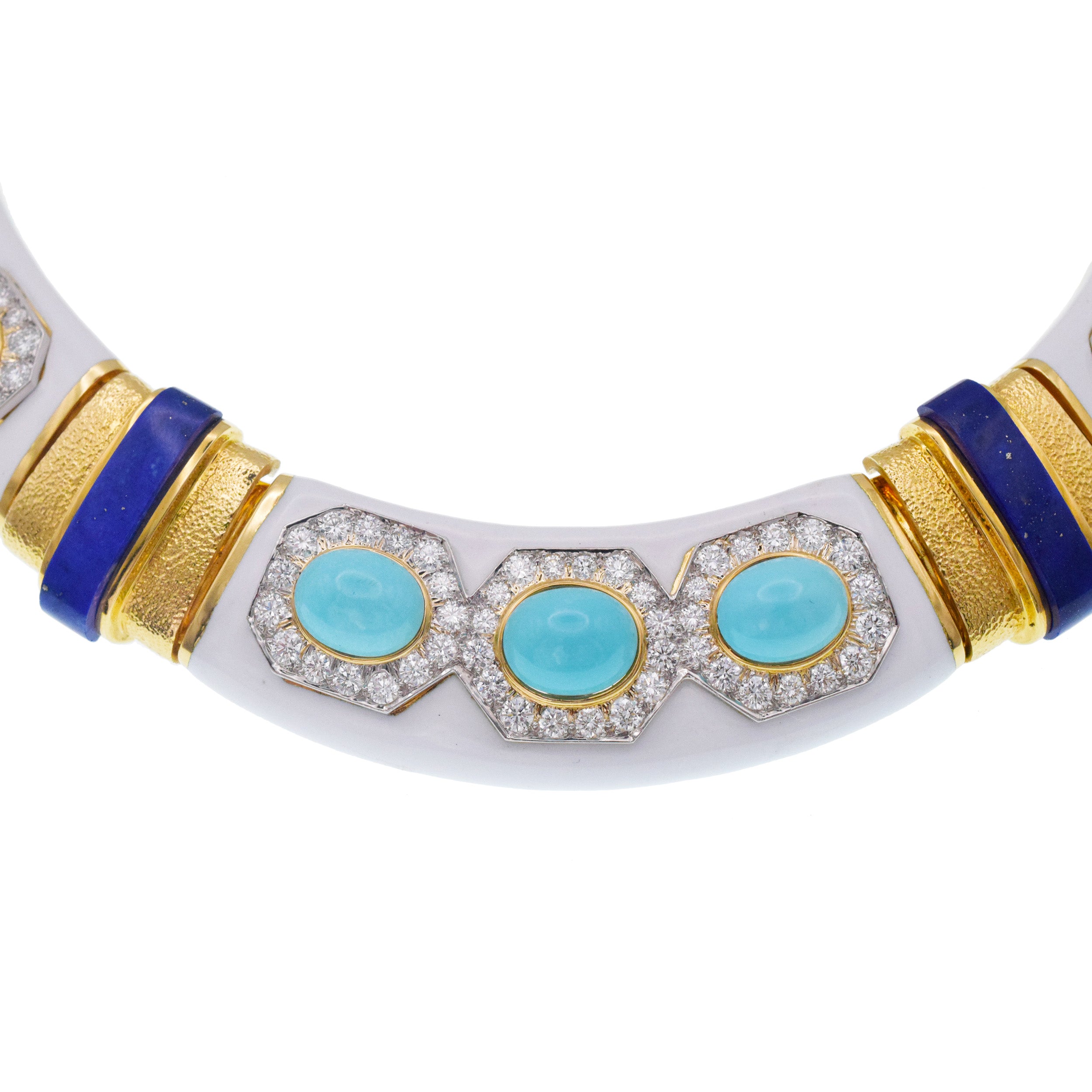 David Webb Turquoise, Lapis Lazuli, Diamond And White Enamel Collar Necklace Gold & Platinum