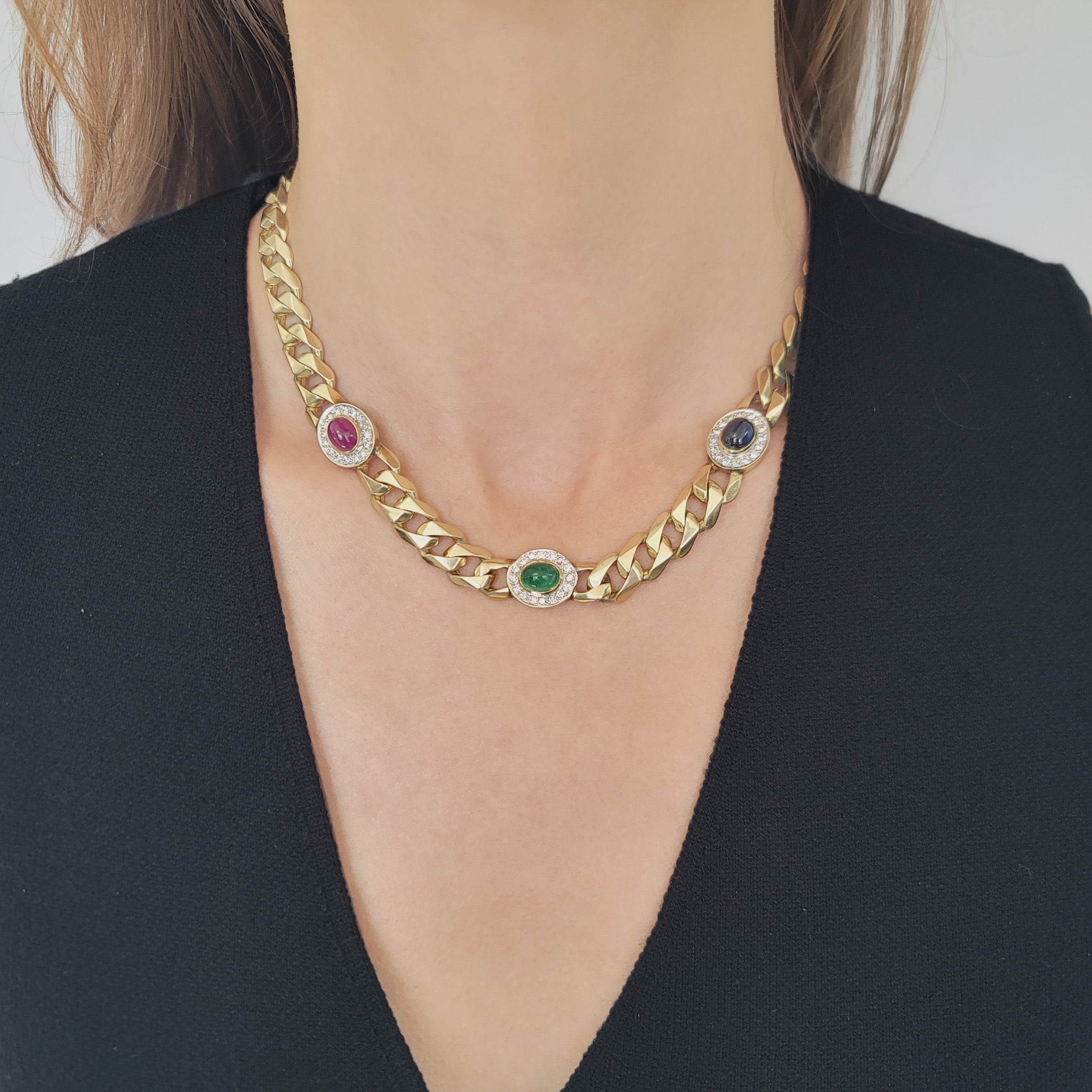 Gemstone And Diamond Cuban Link Necklace In 14k Yellow Gold