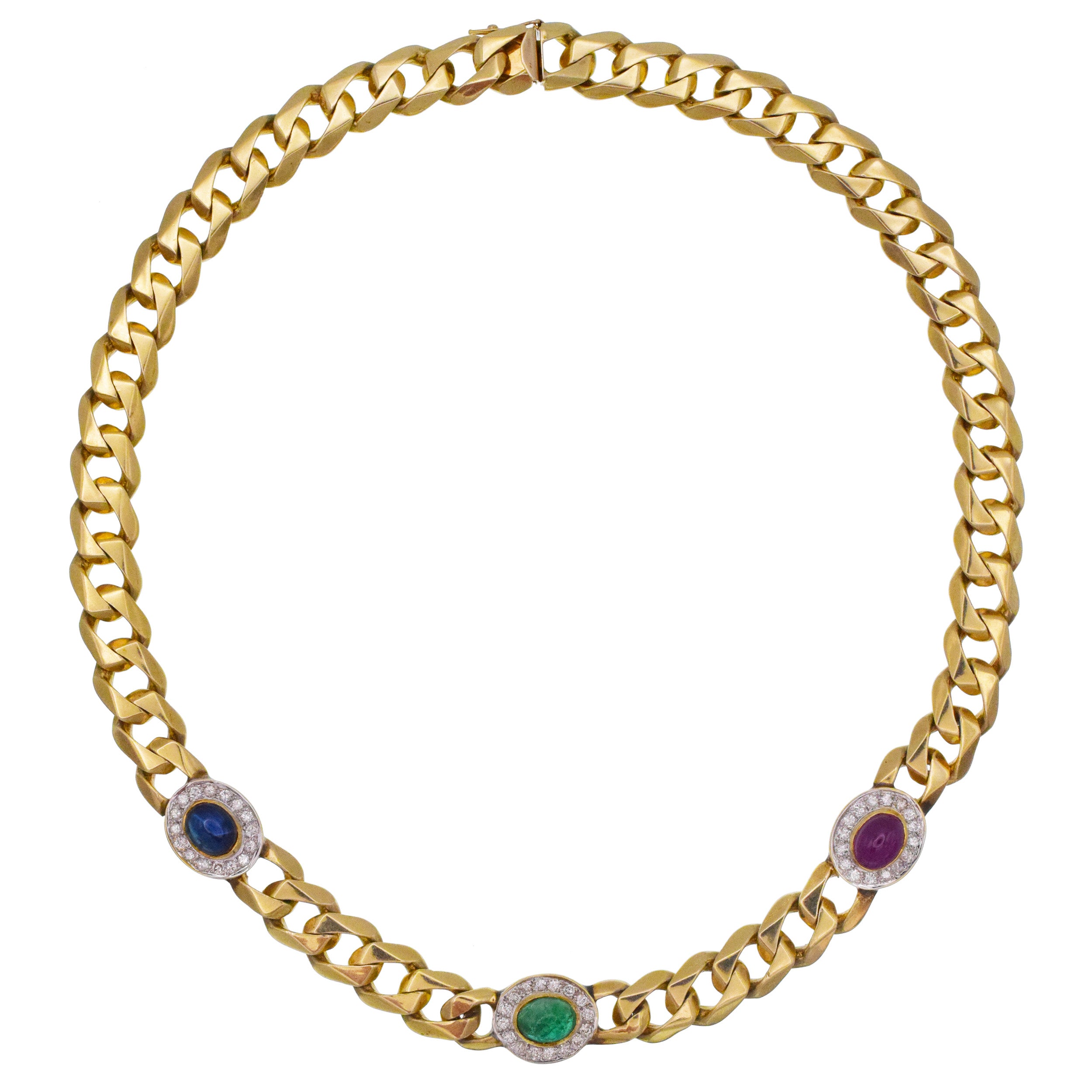 Gemstone And Diamond Cuban Link Necklace In 14k Yellow Gold