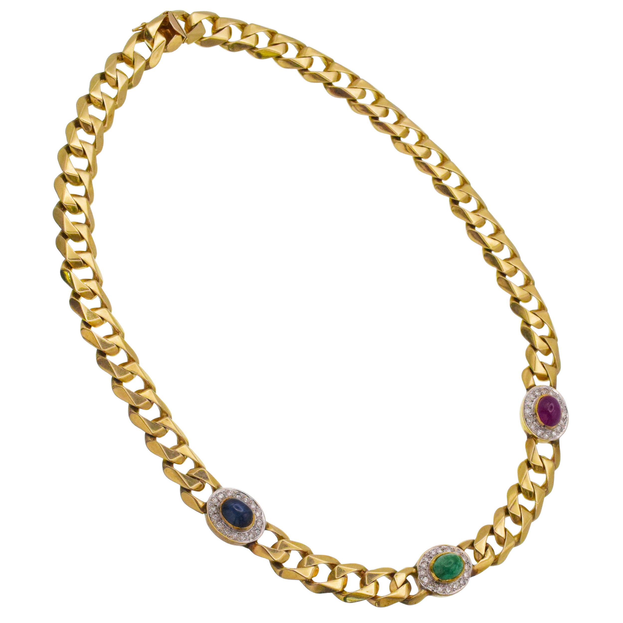 Gemstone And Diamond Cuban Link Necklace In 14k Yellow Gold