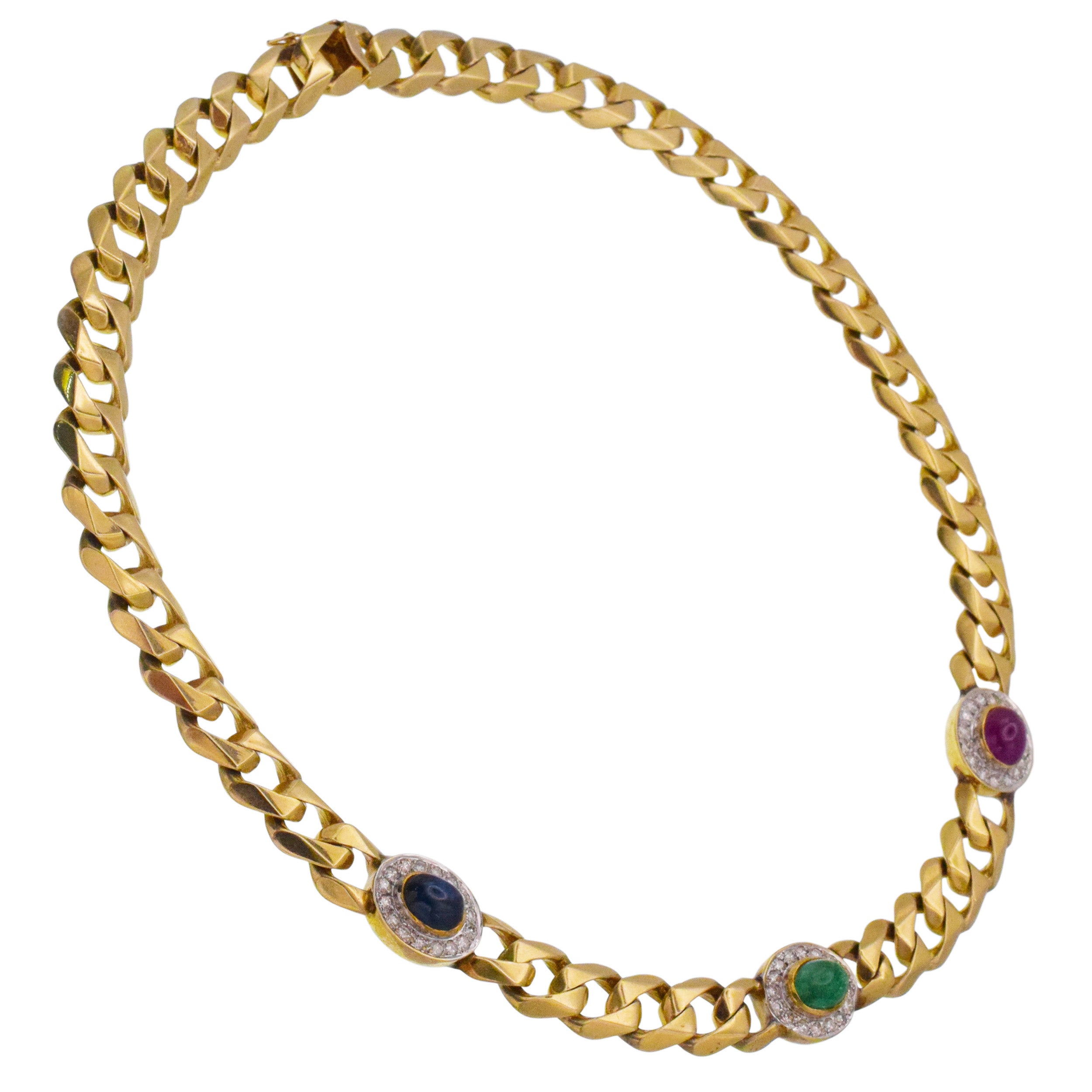 Gemstone And Diamond Cuban Link Necklace In 14k Yellow Gold
