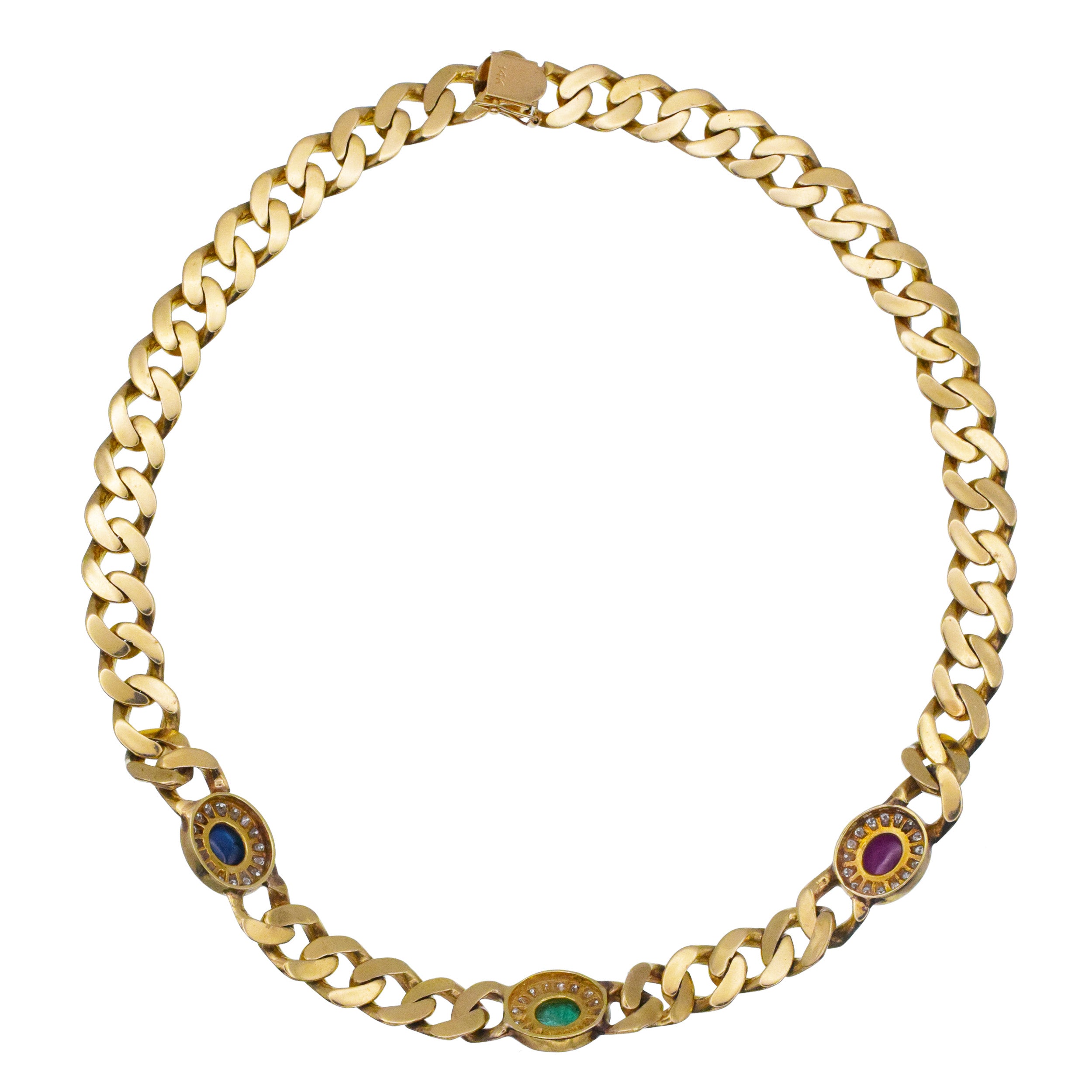 Gemstone And Diamond Cuban Link Necklace In 14k Yellow Gold