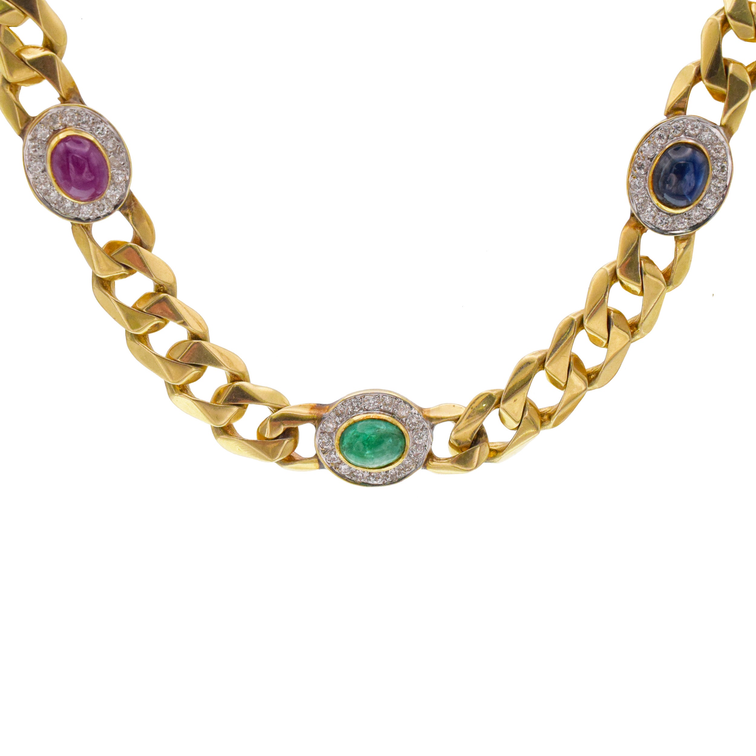 Gemstone And Diamond Cuban Link Necklace In 14k Yellow Gold