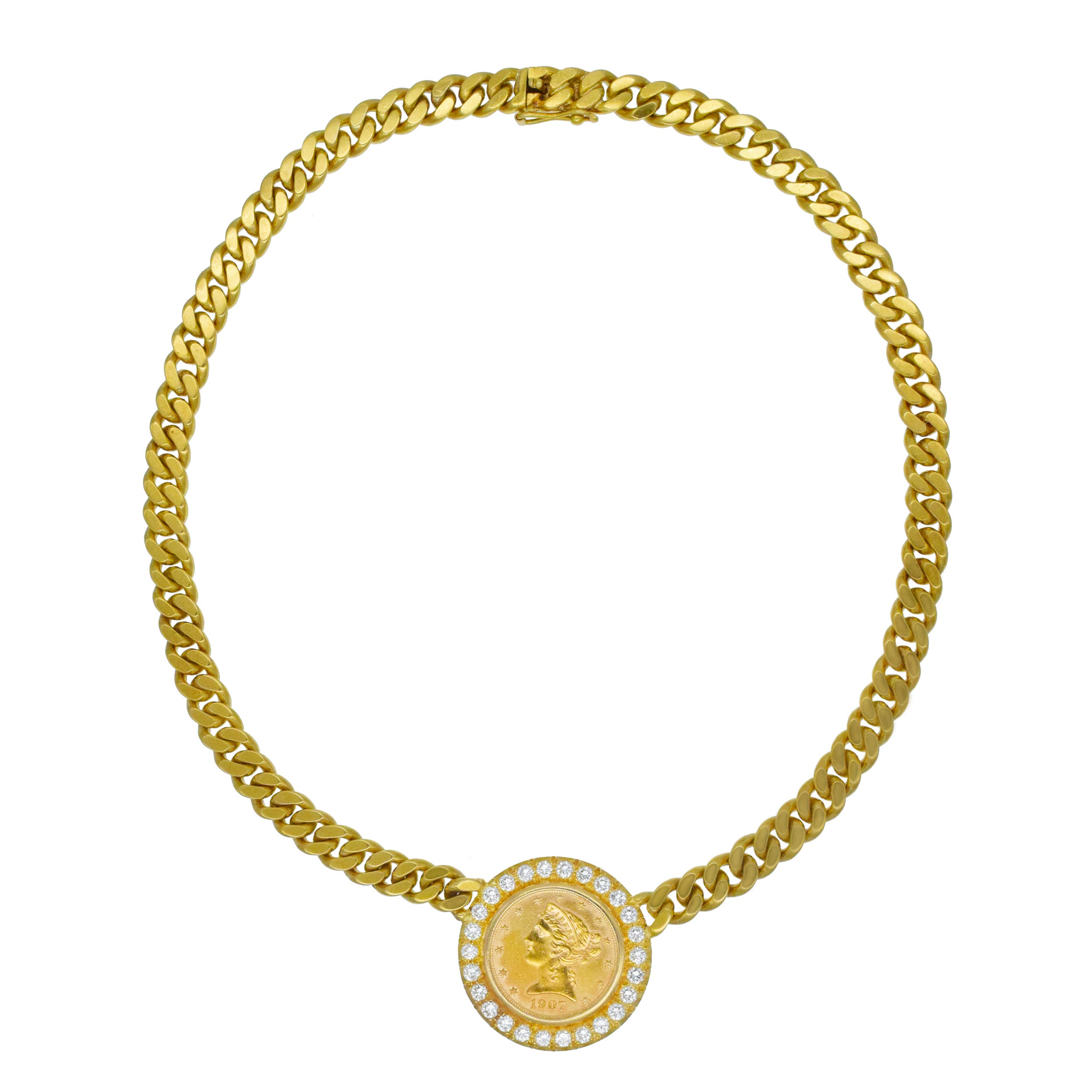 Gold Coin And Diamond Necklace In 18k Yellow Gold