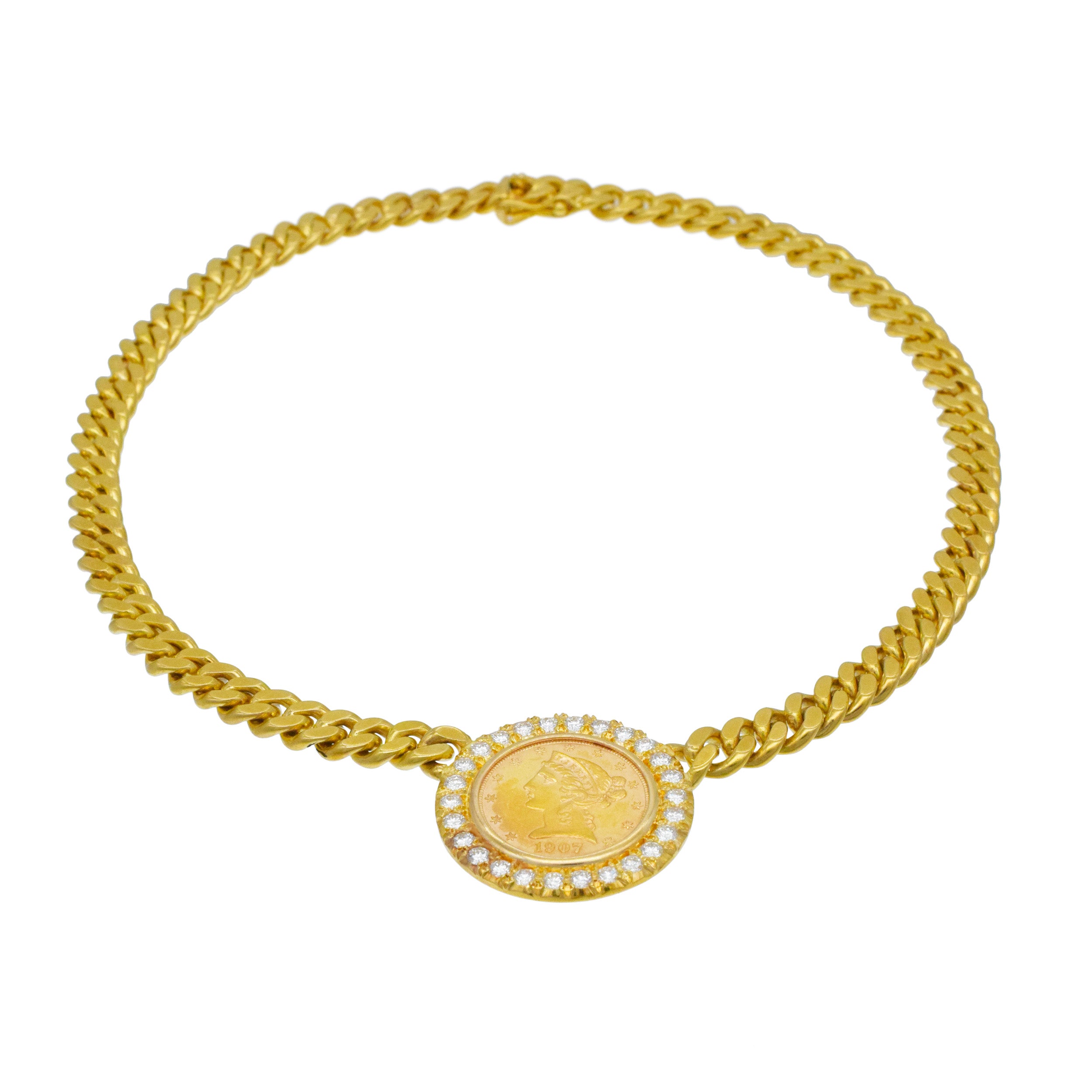 Gold Coin And Diamond Necklace In 18k Yellow Gold