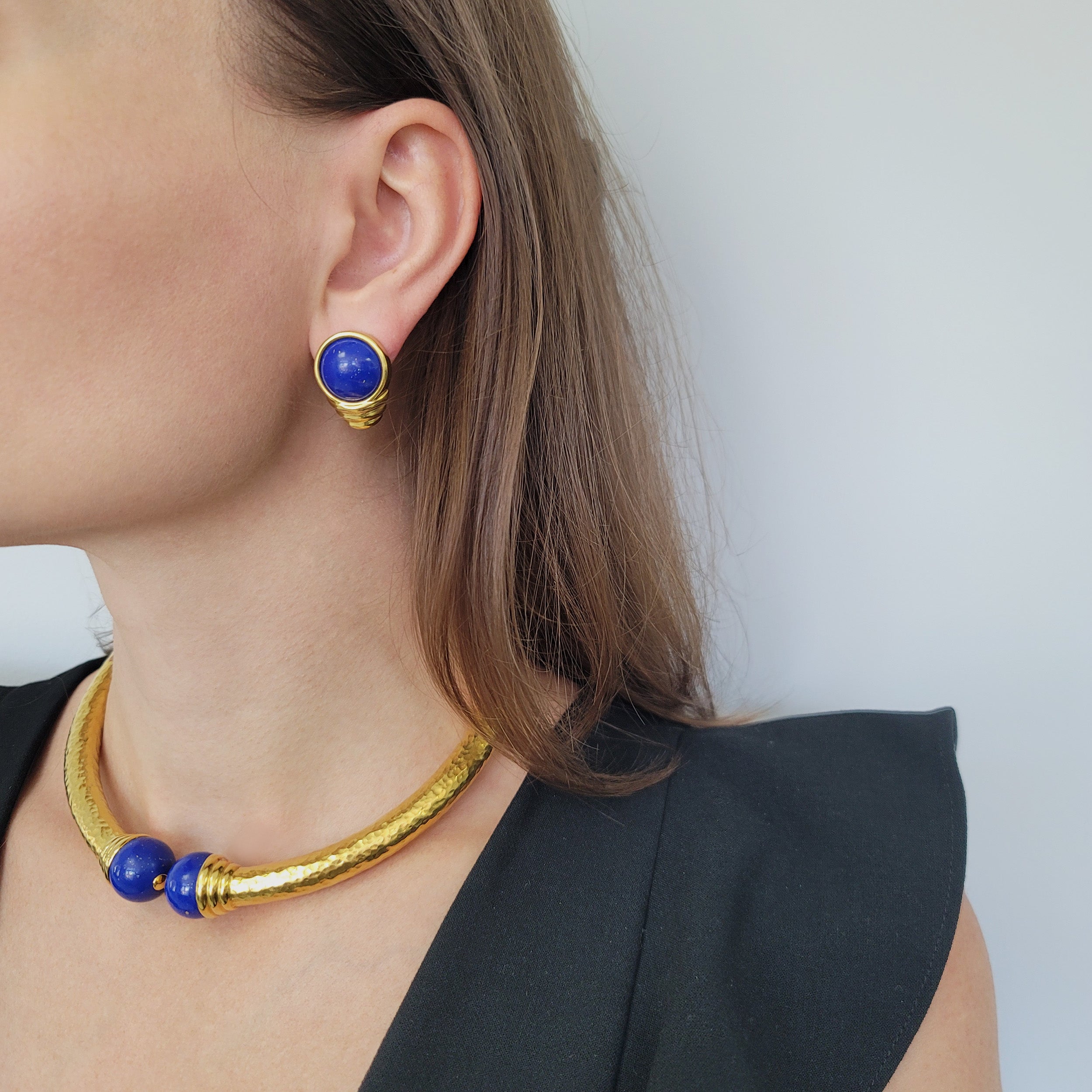 Lapis Lazuli And 22k Hammered Gold Necklace And Earrings Suite