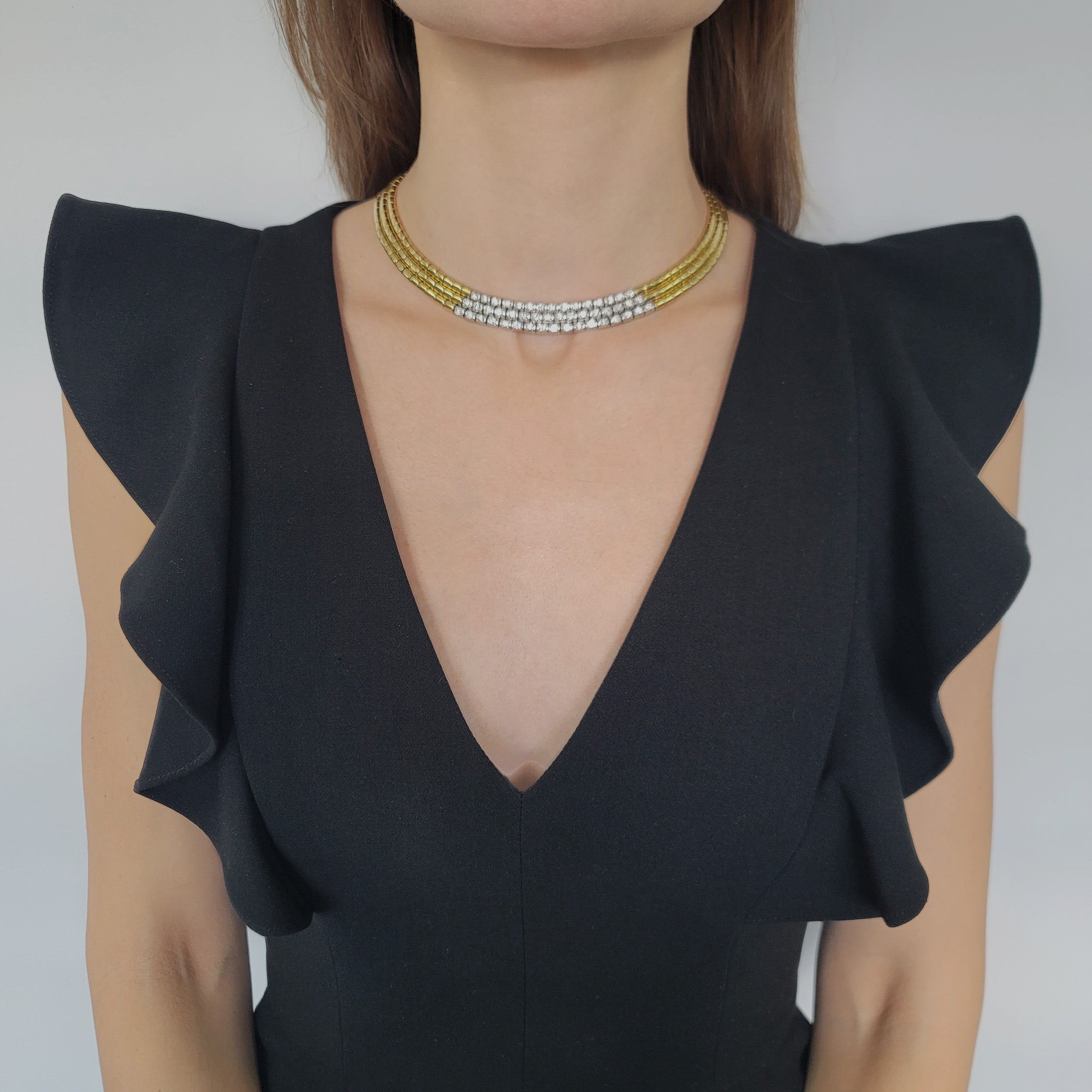 Three - Row Diamond Necklace In 18k Two Tone Gold