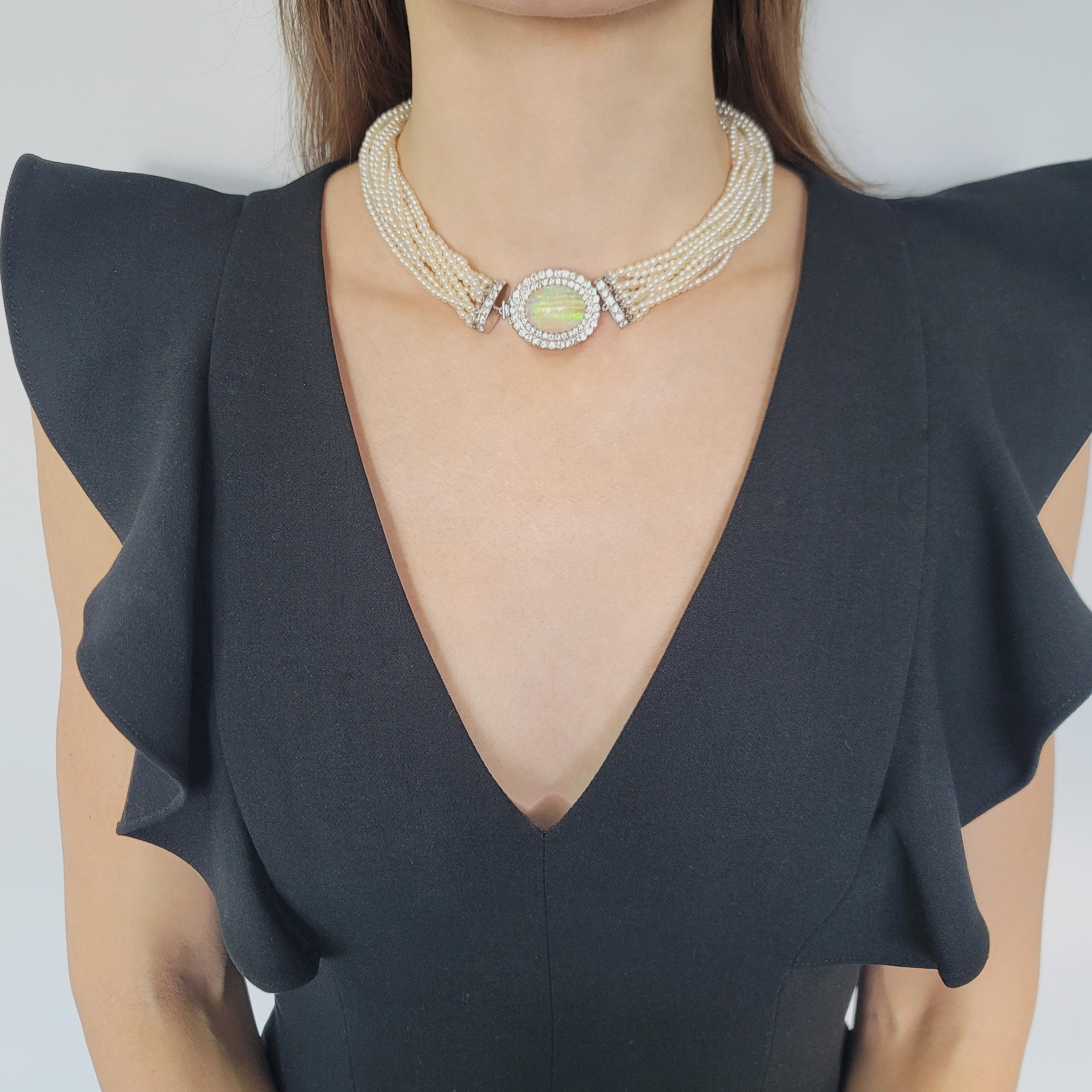 Multi-Strand Natural Pearl, Opal And Diamond Necklace In Platinum