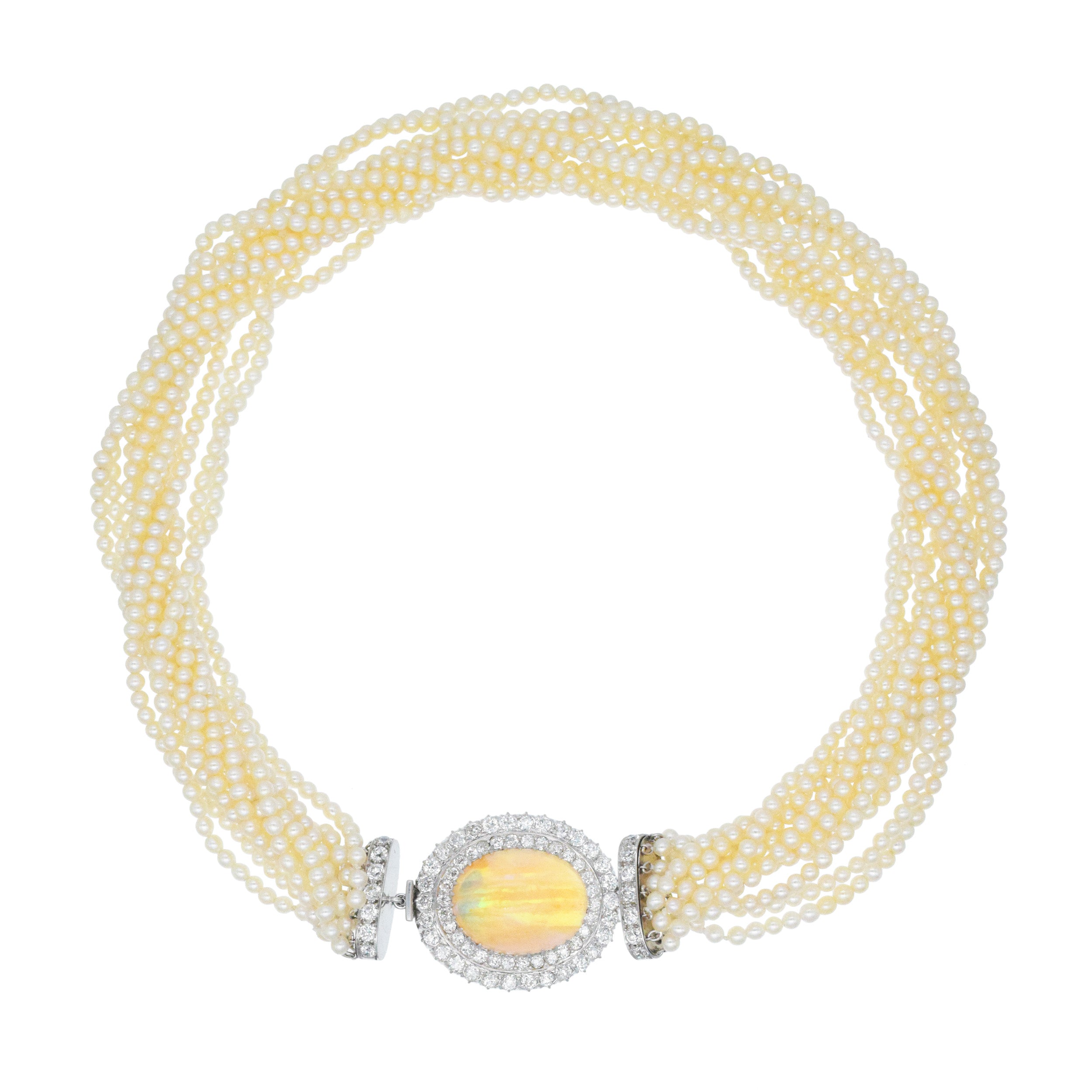 Multi-Strand Natural Pearl, Opal And Diamond Necklace In Platinum