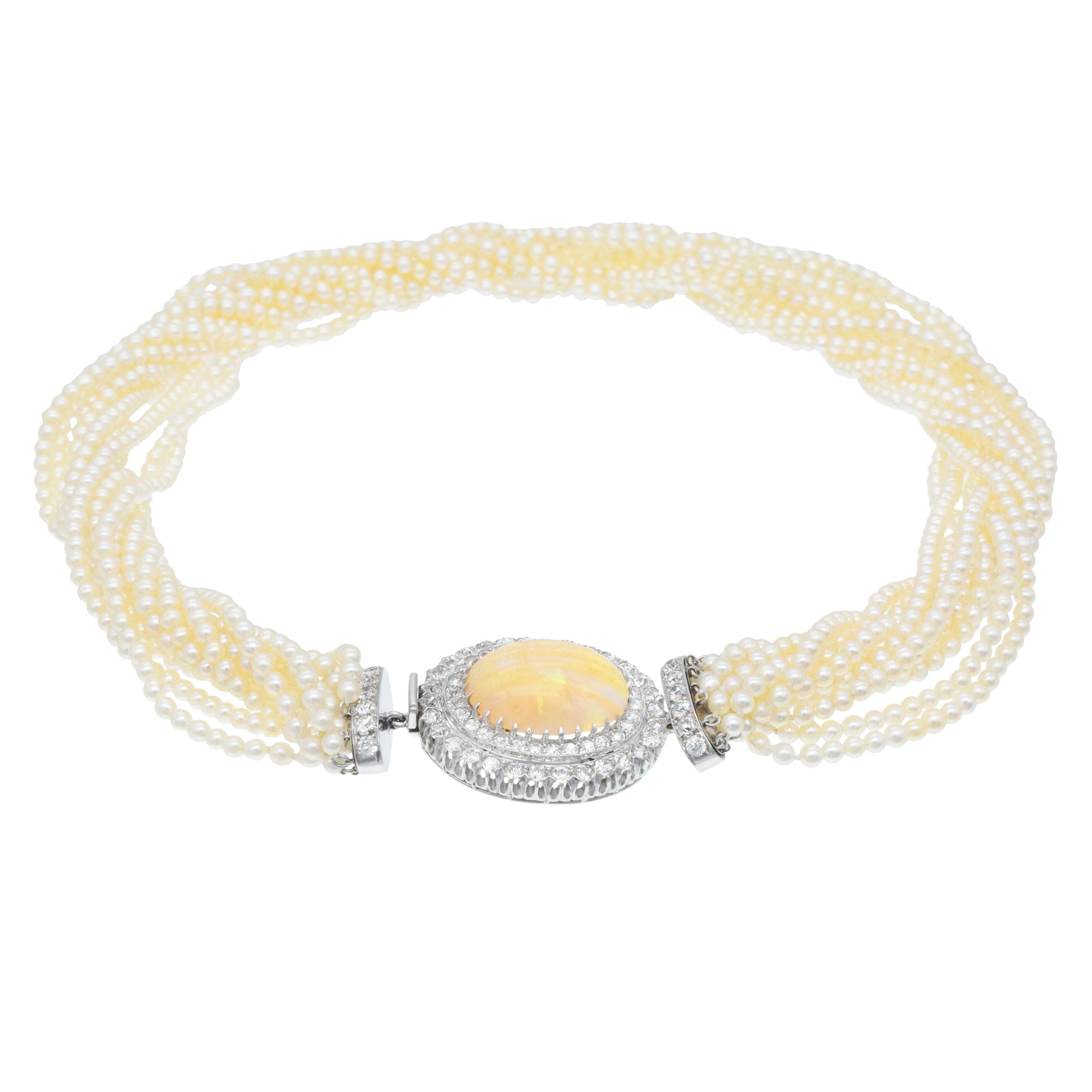 Multi-Strand Natural Pearl, Opal And Diamond Necklace In Platinum