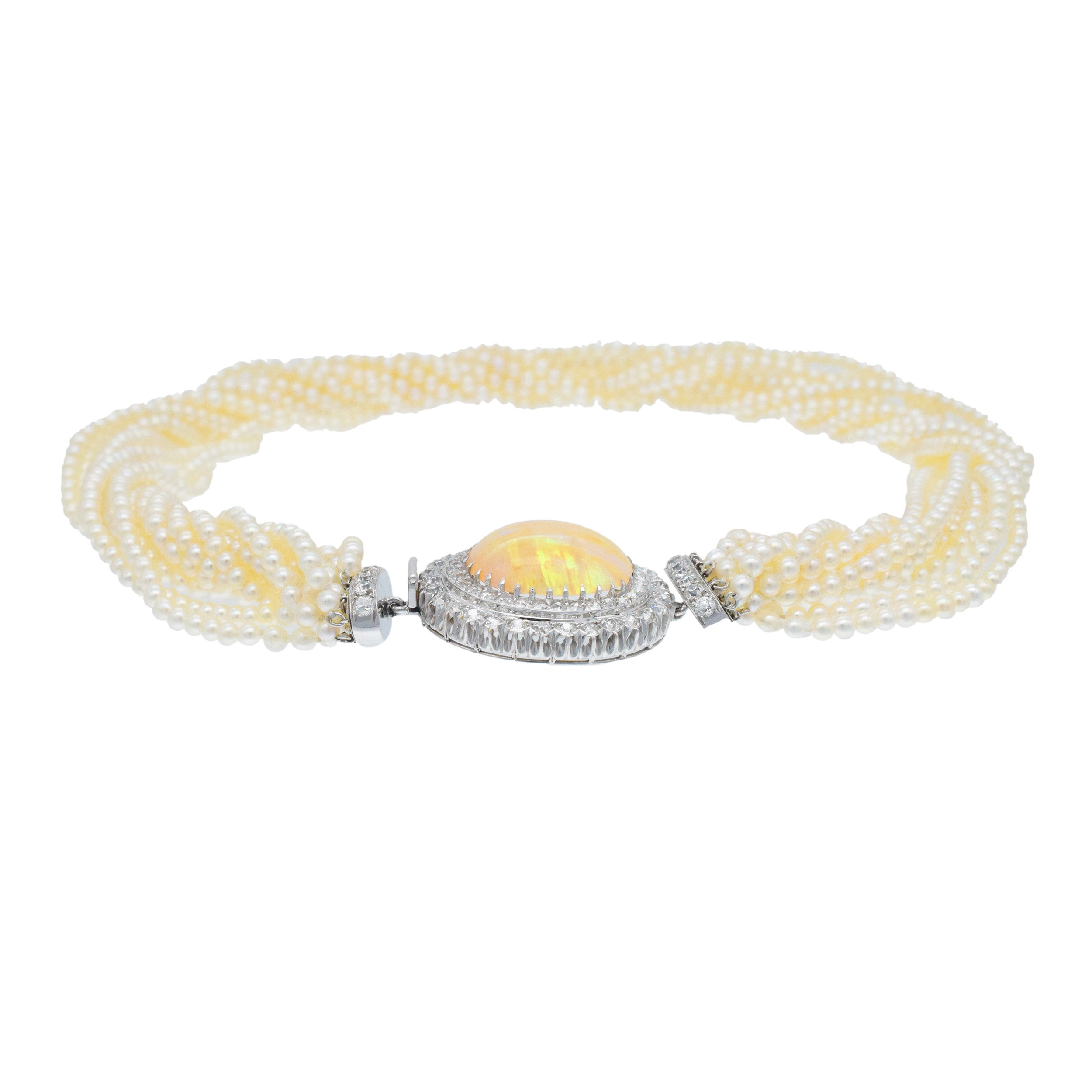 Multi-Strand Natural Pearl, Opal And Diamond Necklace In Platinum