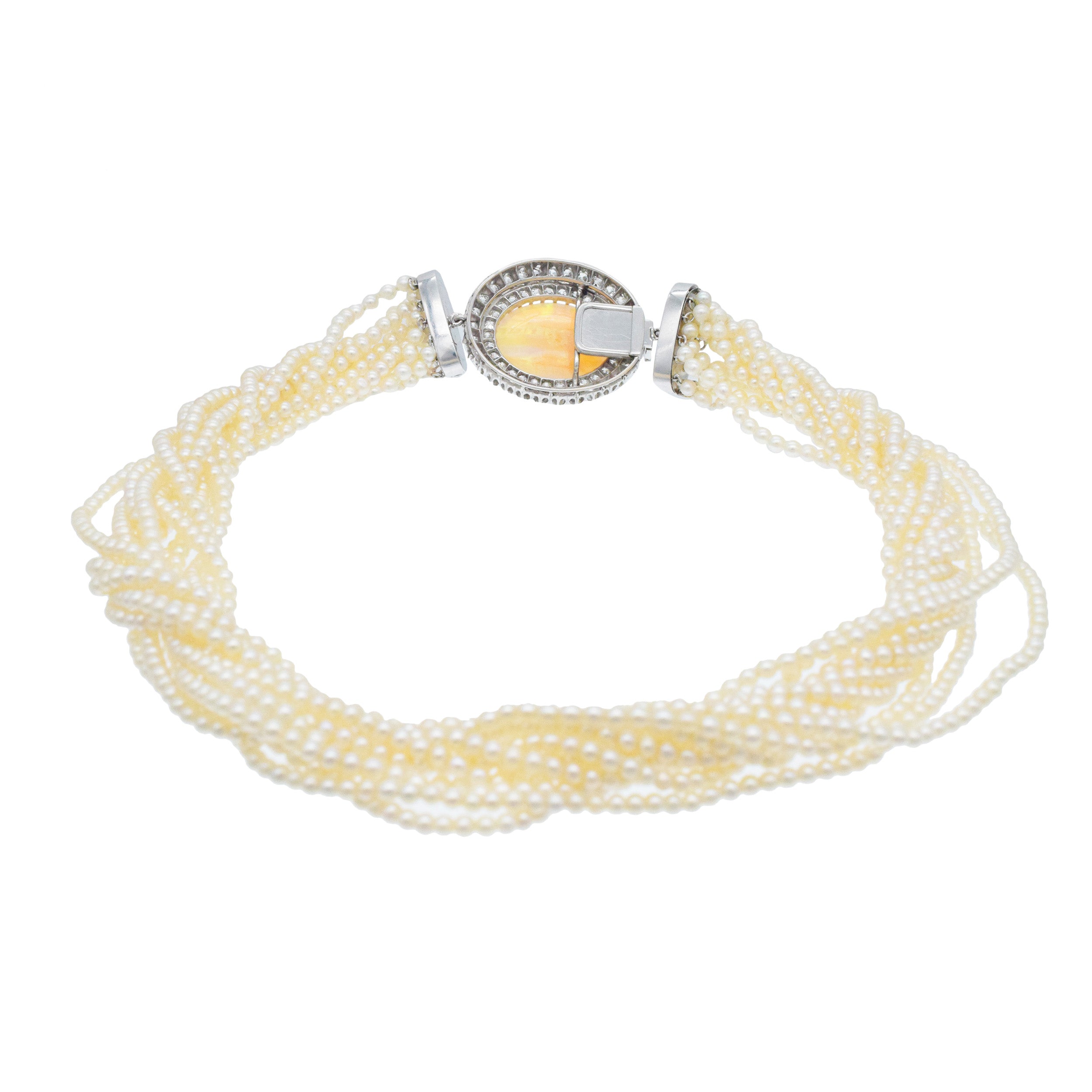Multi-Strand Natural Pearl, Opal And Diamond Necklace In Platinum