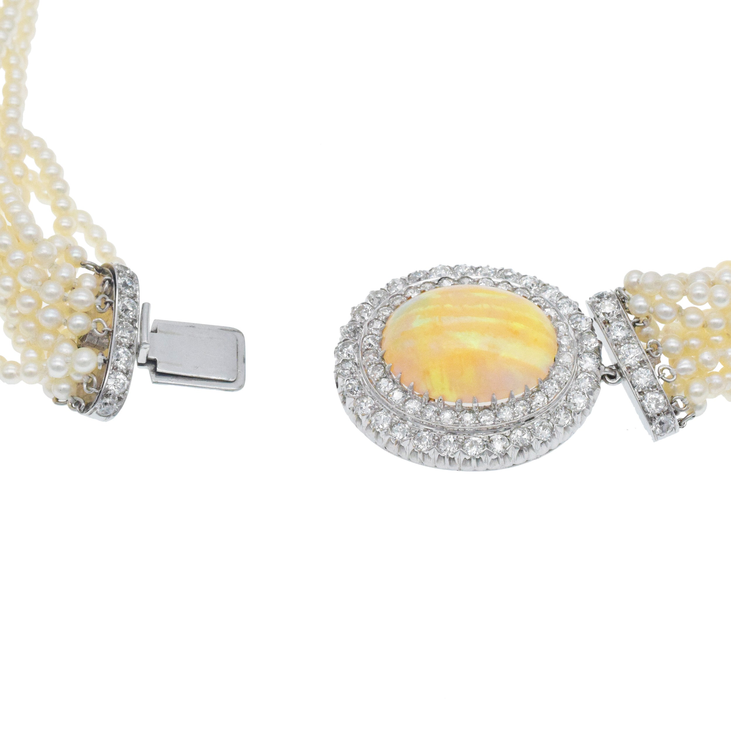 Multi-Strand Natural Pearl, Opal And Diamond Necklace In Platinum